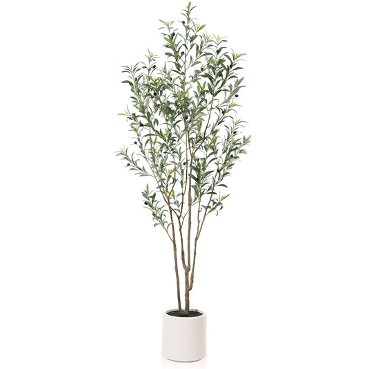 6ft Tall Artificial Mature Trunk Ficus Tree with Large White Square Basin- Realistic Decorative Plant for Indoor Home and Office??? Outdoor Garden