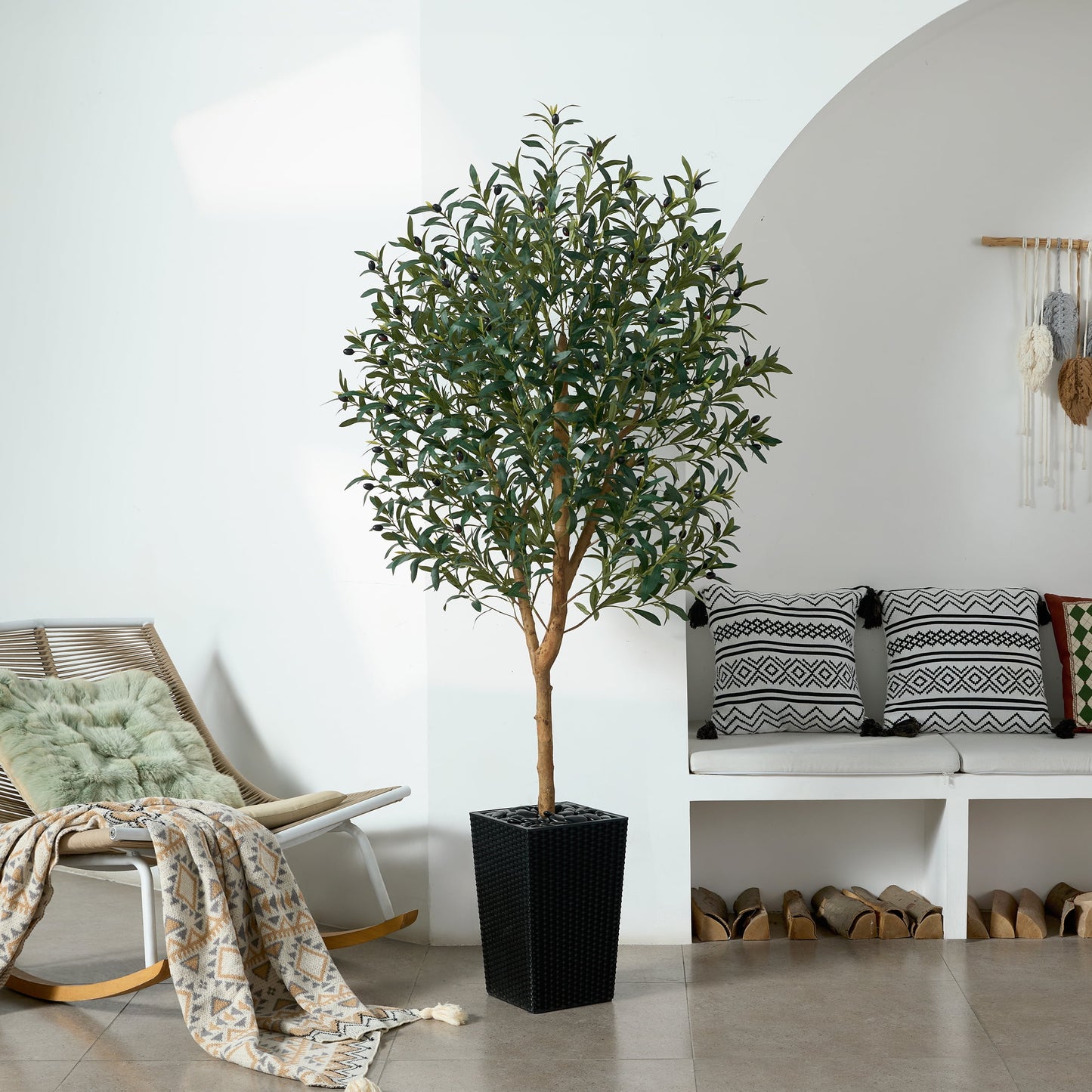 DR.Planzen UV Resistant 6ft Artificial Olive Tree with Natural Wood Branches and Realistic Silk Leaves,Faux Olive Tree for Indoor and Outdoor Decor - Black Large Planter with Pebbles