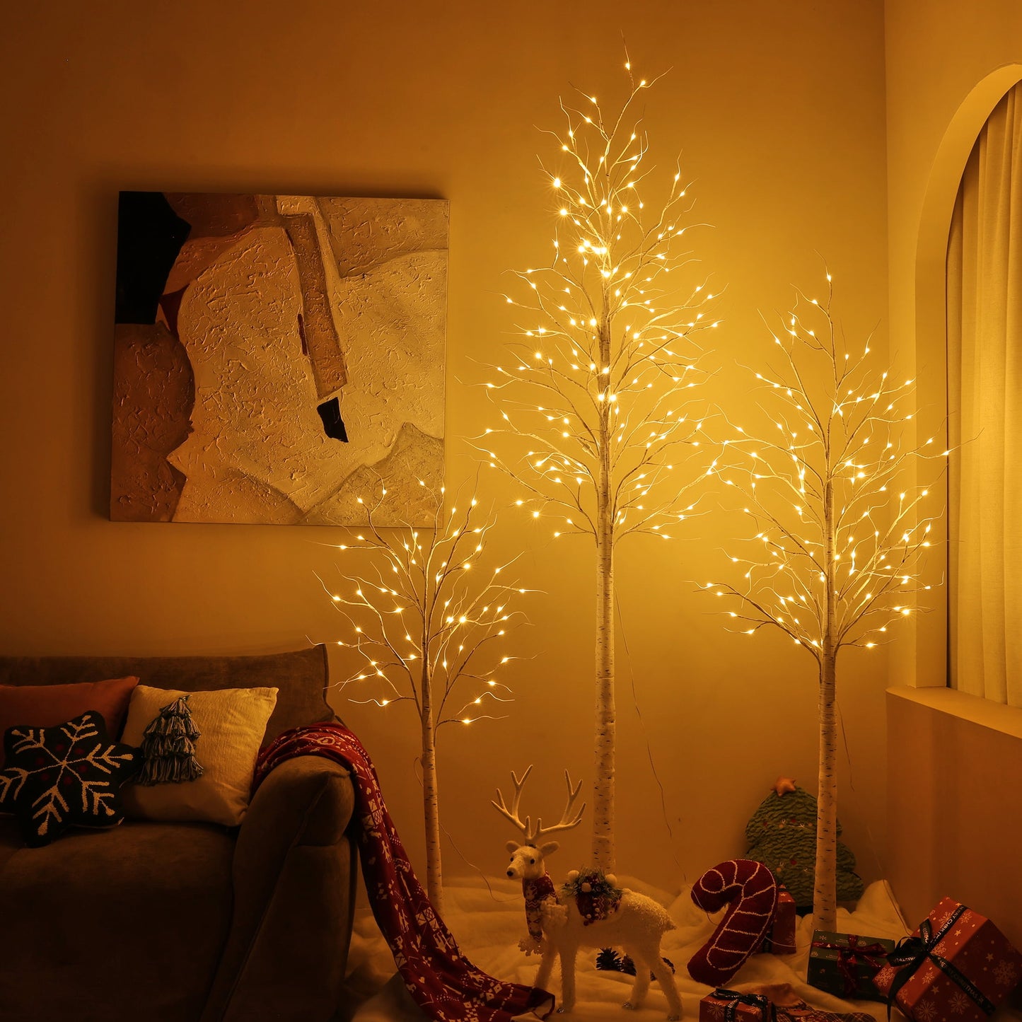 LED Birch Tree Light Set - 4ft, 6ft, 8ft Artificial Pre-lit Trees - with Plug-in Warm Lights - Indoor Outdoor Christmas Holiday Wedding Decor for Home Party (3-Pack)