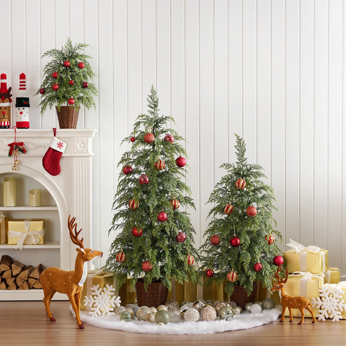 DR.Planzen 24/36/48 Inch Pre-Lit Cypress Topiary Set, 3 Pack Artificial Xmas Trees with Woven Baskets & Breathing LEDs, Indoor Home Decor