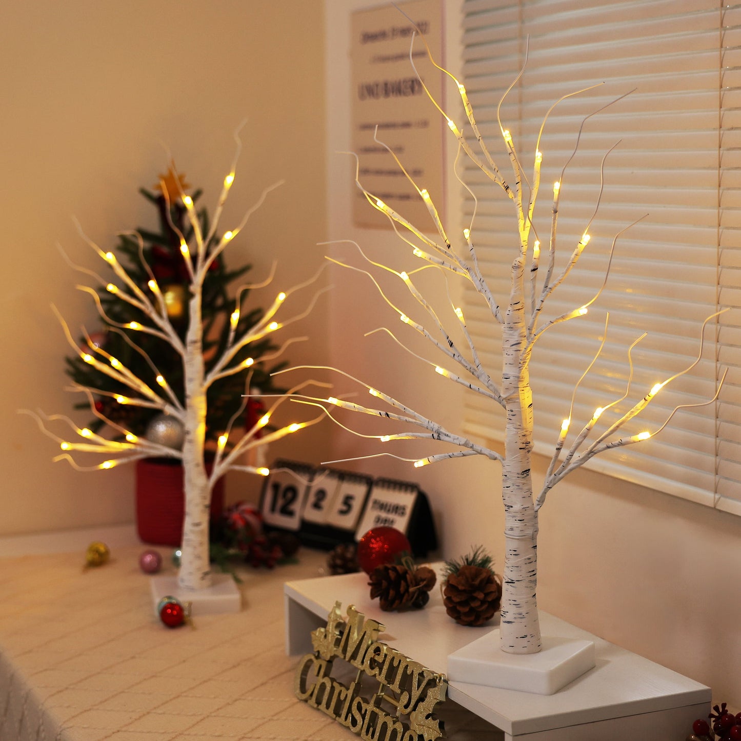 2Pack Christmas Tree Decorations - Birch Fairy Light Spirit Trees with 24 LED Warm White Lights, USB/Battery Powered Indoor Holiday Decor, 2 FT