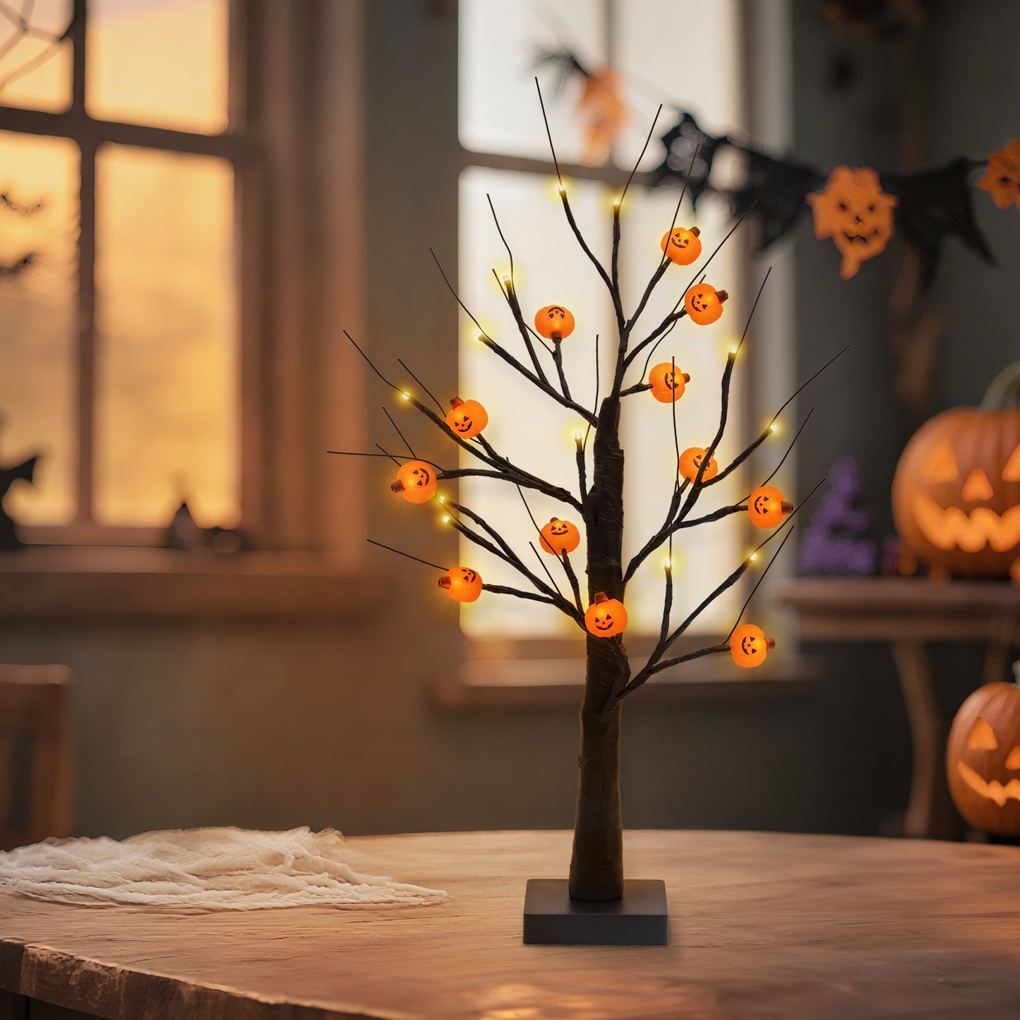 2FT Light-Up Tree with 12 Glowing Pumpkin Ornaments - Black Tabletop Decor, Battery/USB Powered LED Display for Indoor Festive Parties