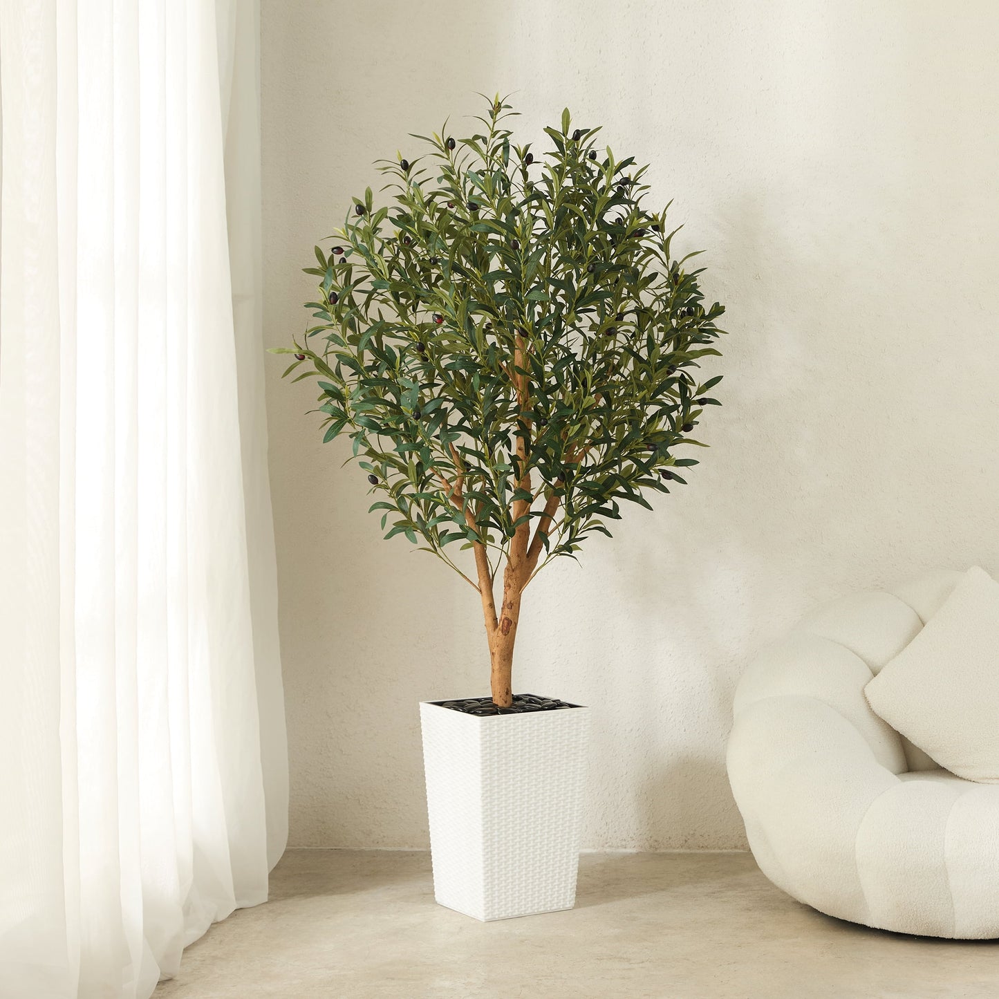 DR.Planzen UV Resistant 5ft Artificial Olive Tree with Natural Wood Branches and Realistic Silk Leaves,Faux Olive Tree for Indoor and Outdoor Decor - White Large Planter with Pebbles