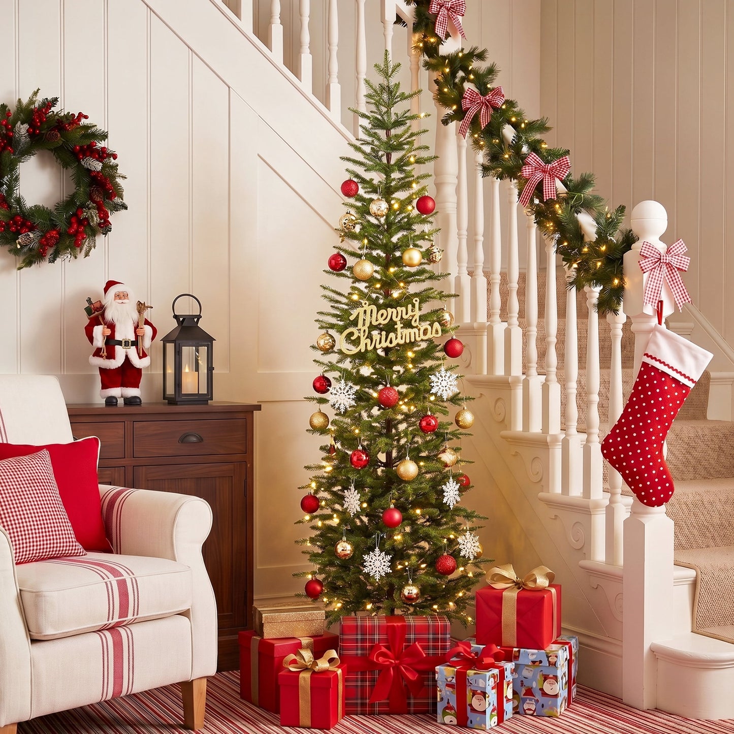DR.Planzen 7ft Prelit Pencil Christmas Tree with 200 Warm White LED Lights, 1961 PE Branch Tips, Iron Base, Slim Artificial Christmas Tree for Apartment, Entryway, Corner, Office