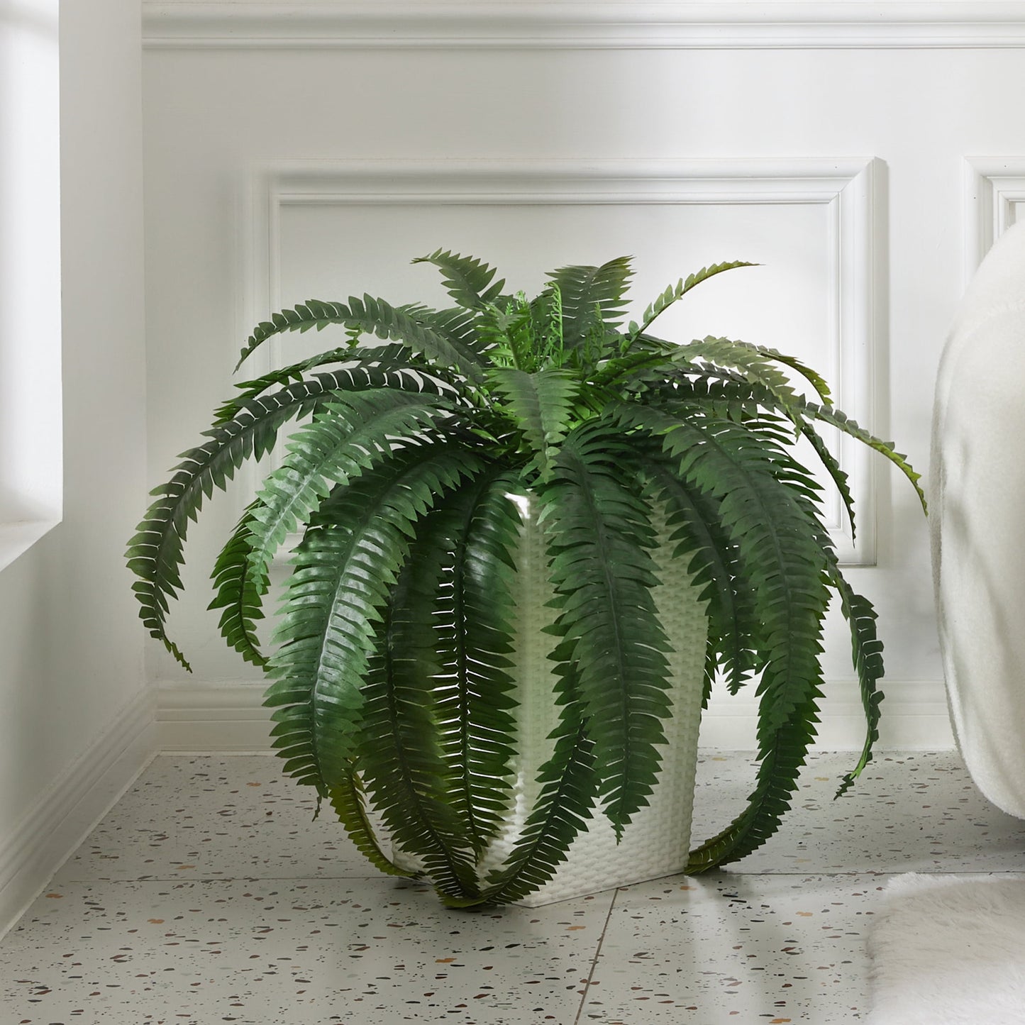 DR.Planzen Artificial Boston Fern Bush Plant with White Tapered Planter - UV Resistant Faux Ferns with 33 Leaves
