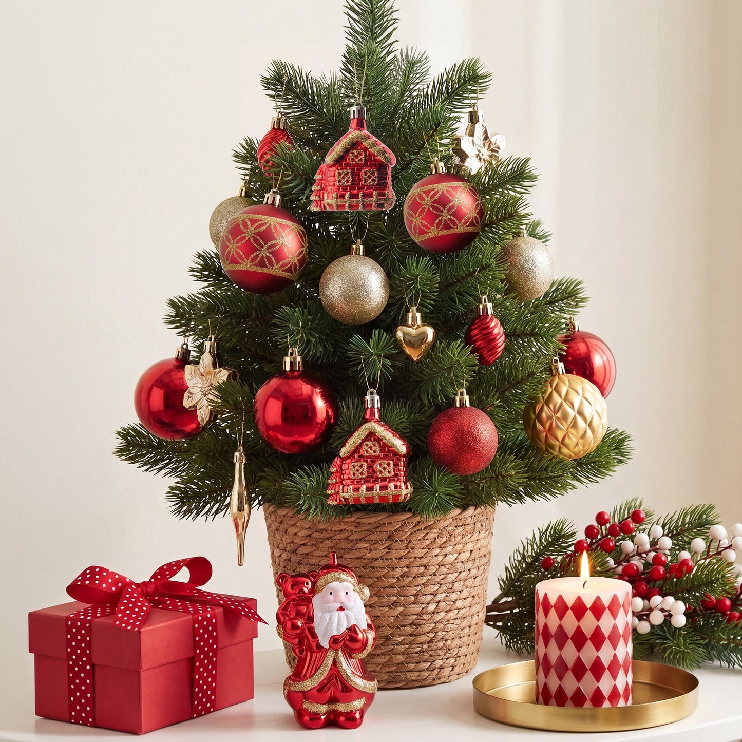 DR.Planzen 44ct Red Gold & White Christmas Ornaments Set, Assorted 2.36" & 1.18" Embossed Glazed Holiday Balls with Santa & Houses, Indoor Xmas Decor