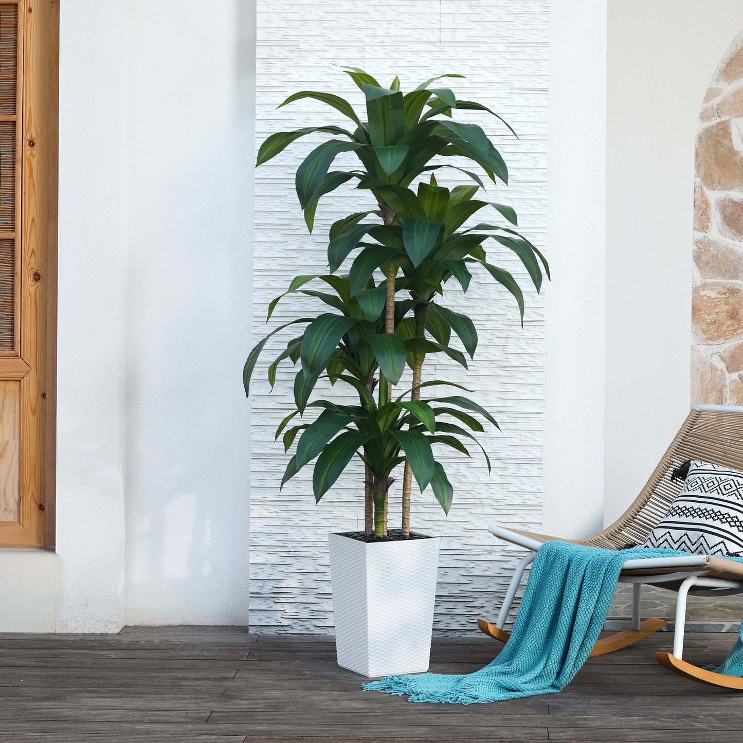 DR.Planzen Artificial Dracaena Tree 6ft - UV Protected Faux Dracaena Plant with 76 Green Leaves, Fake Tree for Indoor & Outdoor Use, Sturdy Tall Brown Planter with River Stones