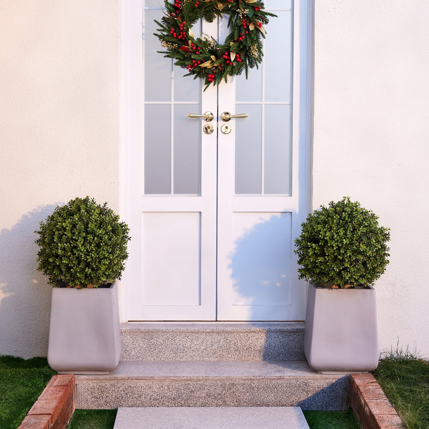 DR.Planzen 2 Pack 20'' Artificial Boxwood Topiary Ball Plant, Fake Greenery Shrub with Ground Spike, UV Resistant Faux Outdoor Evergreen for Garden Porch Planter Decor