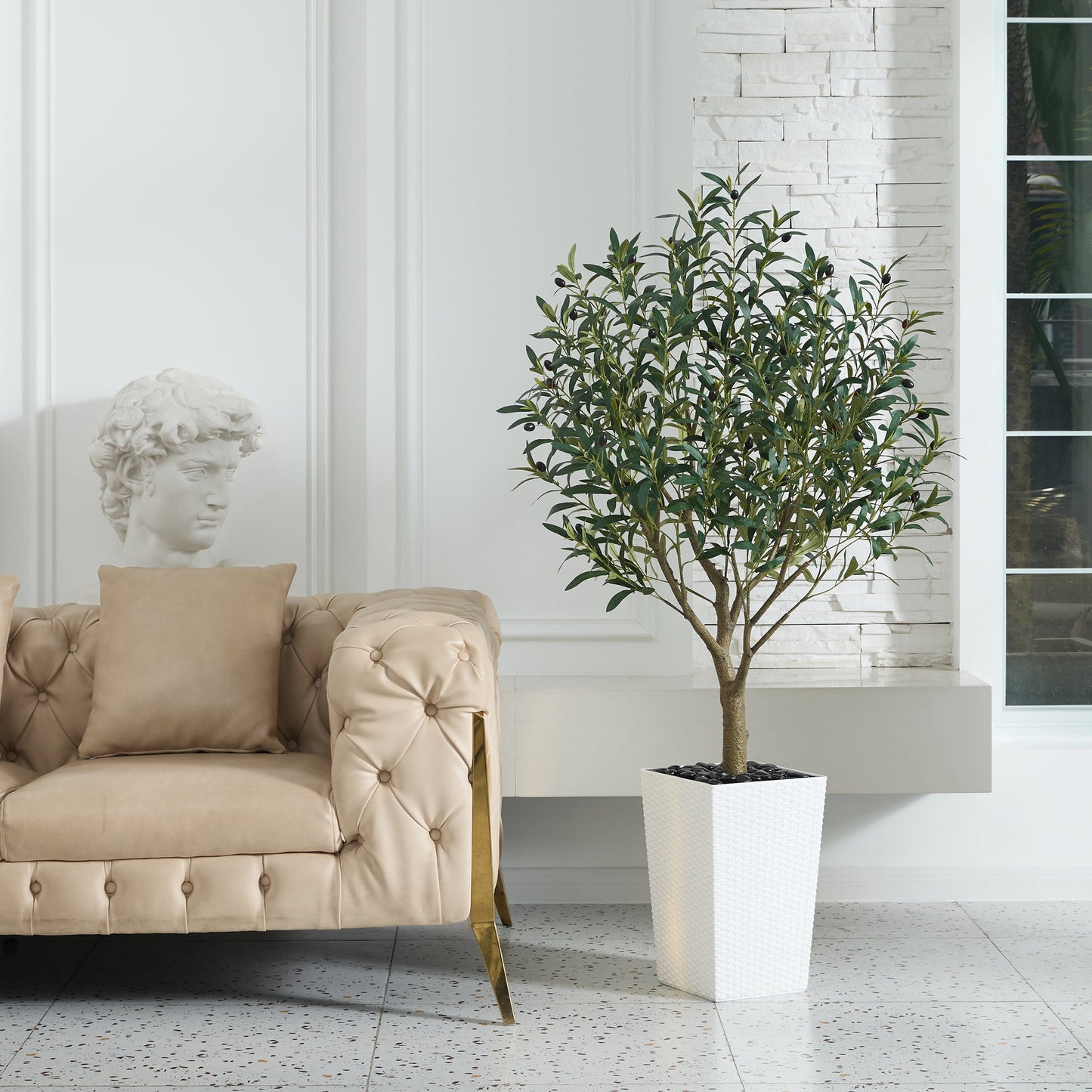 DR.Planzen UV Resistant 5ft Artificial Olive Tree in White Large Planter with Pebbles¨C Faux Olive Tree for Indoor and Outdoor Decor, Lifelike Greenery for Home & Garden Decor