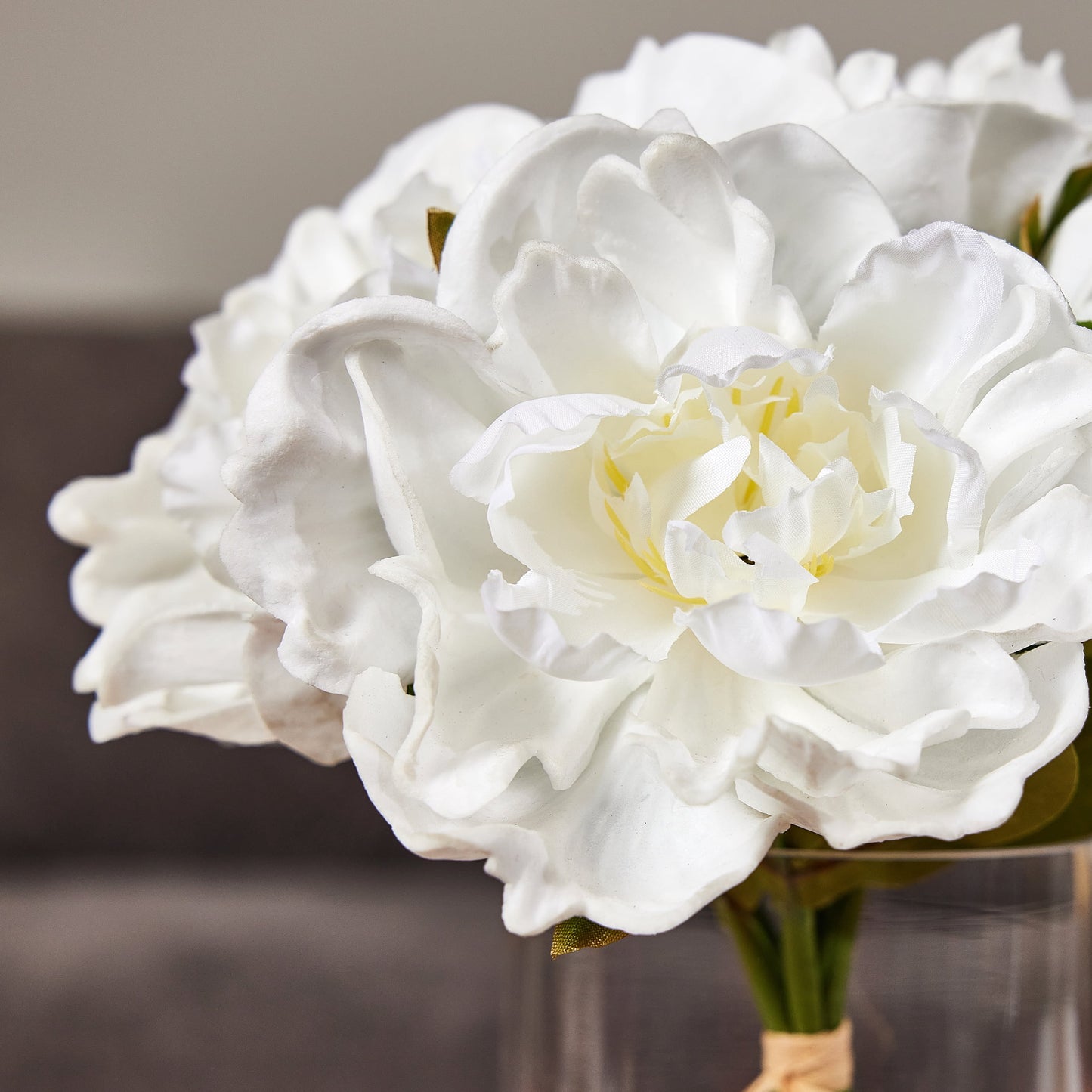 DR.Planzen Artificial White Peony Bouquet in Cylinder Vase with Faux Water, 6 Stems with 6 Realistic White Peony Blooms, 10.6" Tall Ready-to-Use Home Office Centerpiece Decor