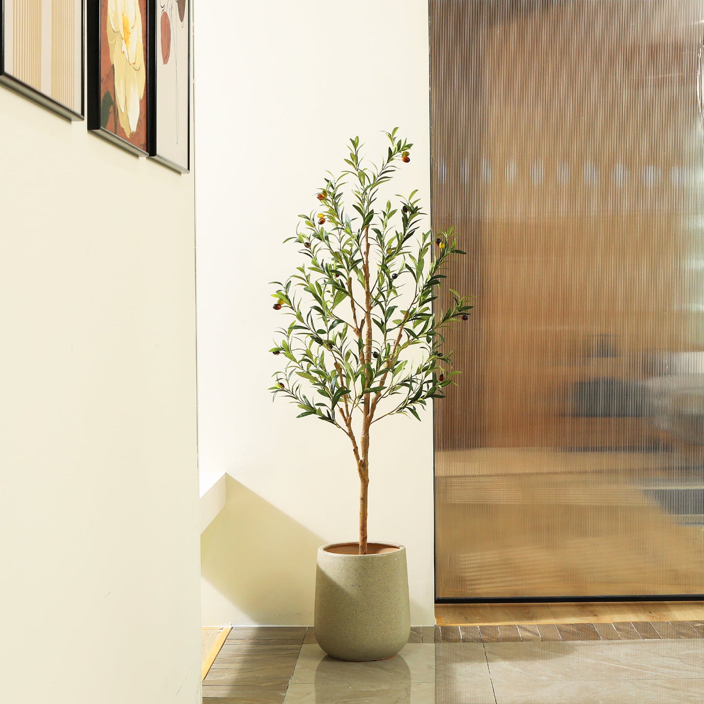 DR.Planzen 2 Pack 5ft Artificial Olive Tree Indoor, Tall Faux Olive Tree, Artificial Plants with Natural Wood Trunk and Lifelike Fruits for Home Office Decor