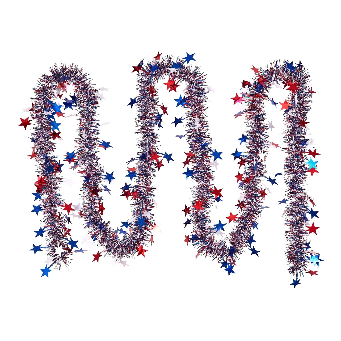DR.Planzen 4th of July Garland, 2 PCS 9FT Red White Blue Glitter Garland, Patriotic Tinsel Garland with Stars for Memorial Day, Outdoor Indoor Party Decorations
