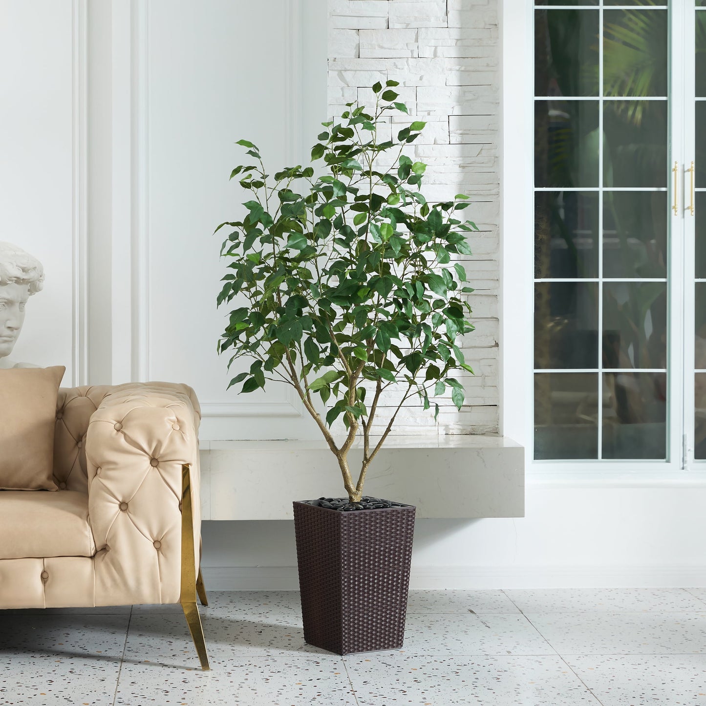 DR.Planzen Artificial Ficus Tree 5ft - UV Protected Faux Ficus Plant with Adjustable Branches and Realistic Green Leaves for Indoor & Outdoor Decor, Brown Large Planter with River Rocks