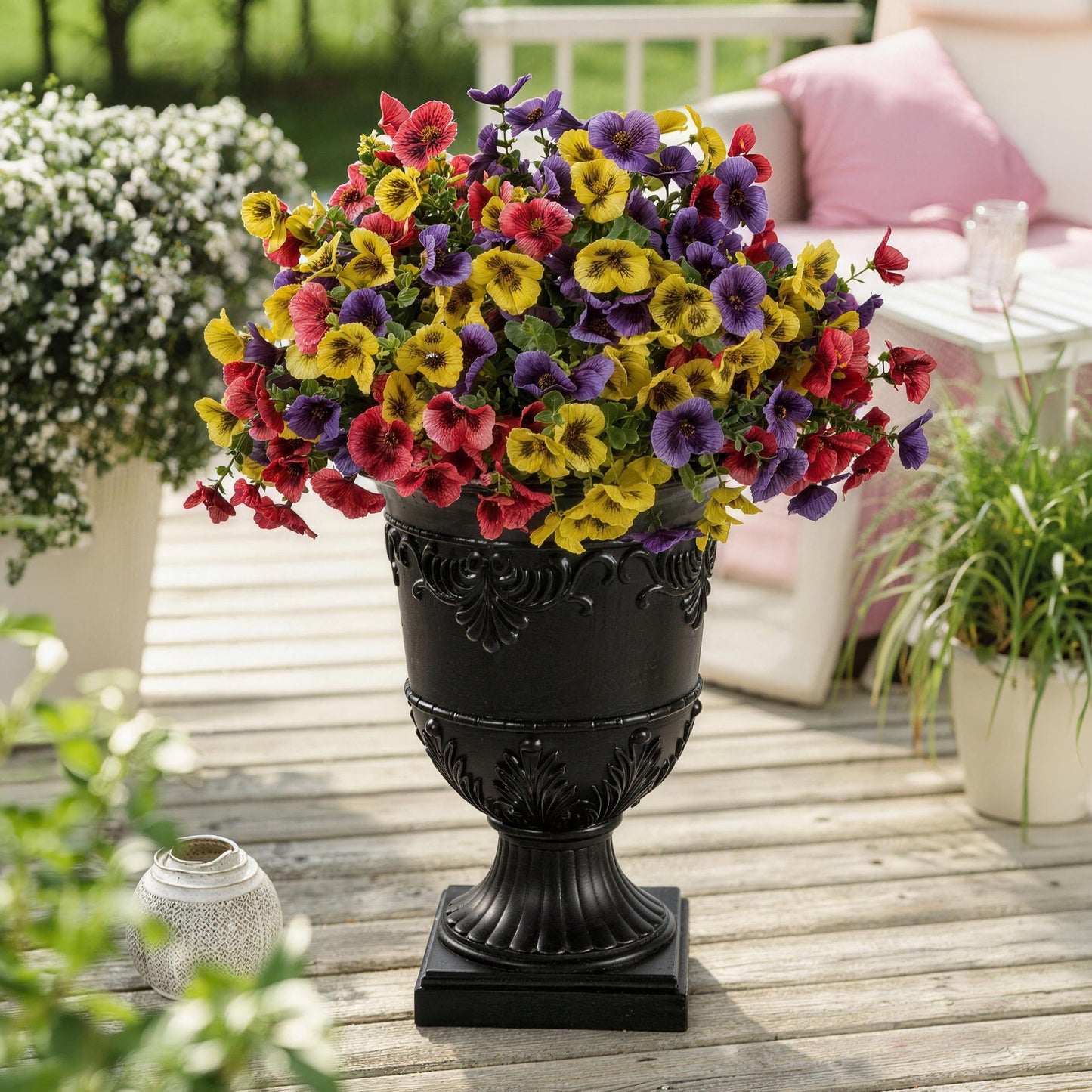 DR.Planzen 2Pack Artificial Pansy in Charming Urn Planter Set, 24.8 Inch Tall Lifelike Faux Flowers, Pre-Potted with Tray for Indoor Home and Patio Decor