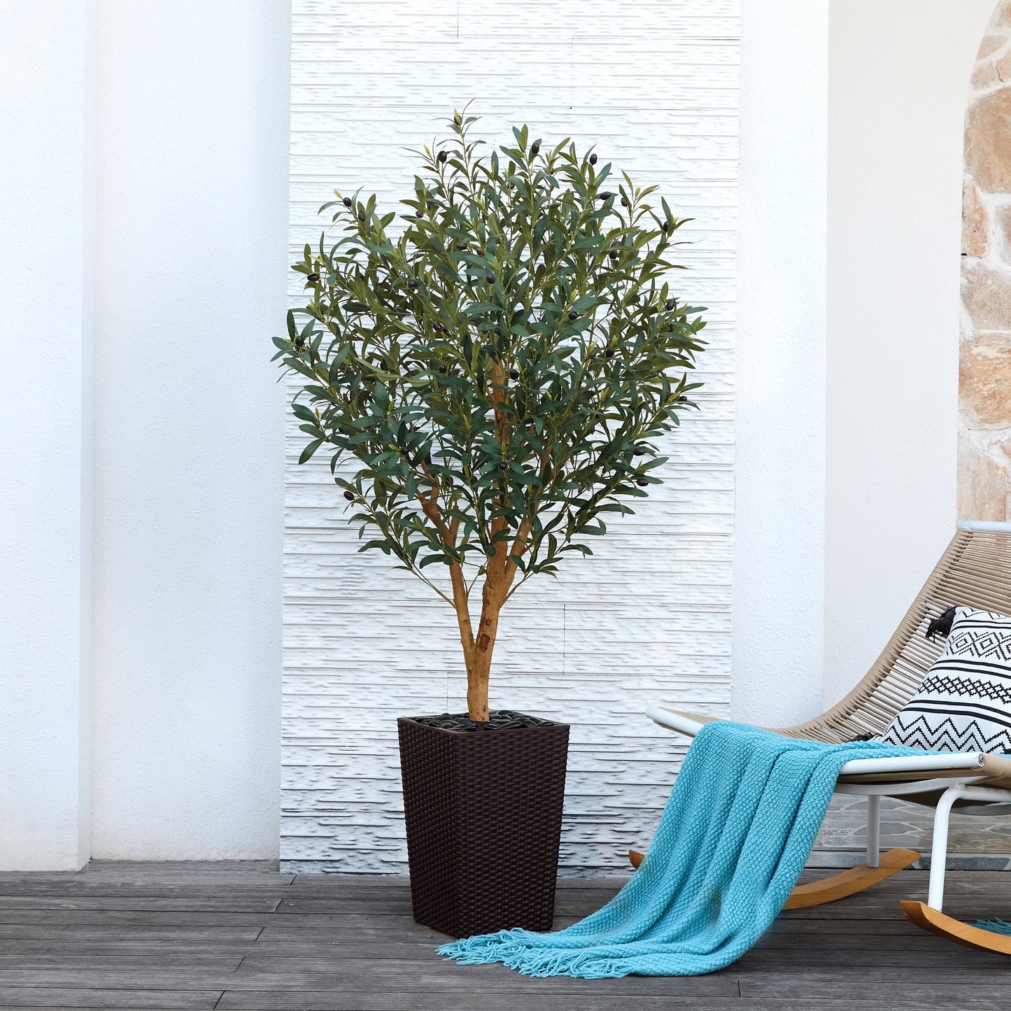 DR.Planzen UV Resistant 5ft Artificial Olive Tree with Natural Wood Branches and Realistic Silk Leaves,Faux Olive Tree for Indoor and Outdoor Decor - Brown Large Planter with Pebbles