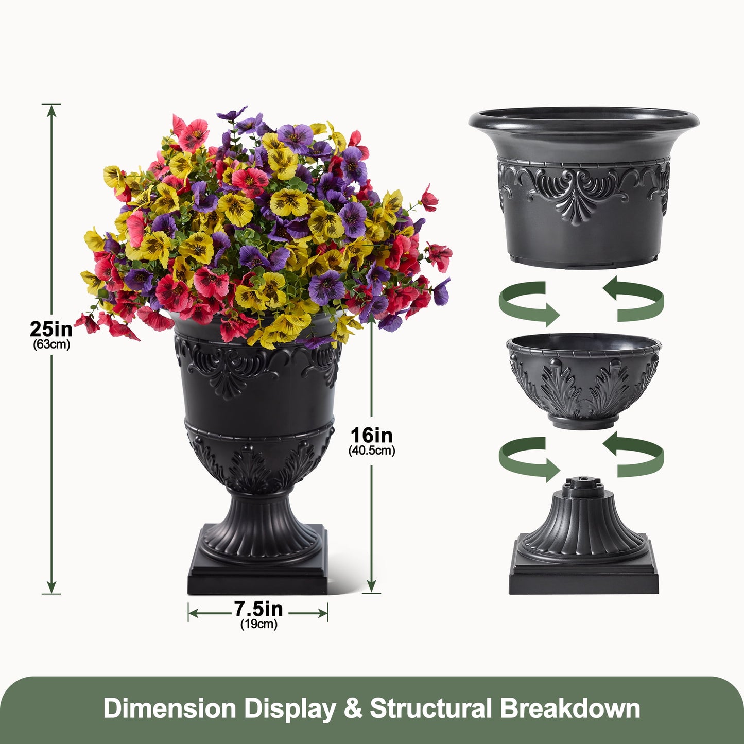 DR.Planzen 2Pack Artificial Pansy in Charming Urn Planter Set, 24.8 Inch Tall Lifelike Faux Flowers, Pre-Potted with Tray for Indoor Home and Patio Decor