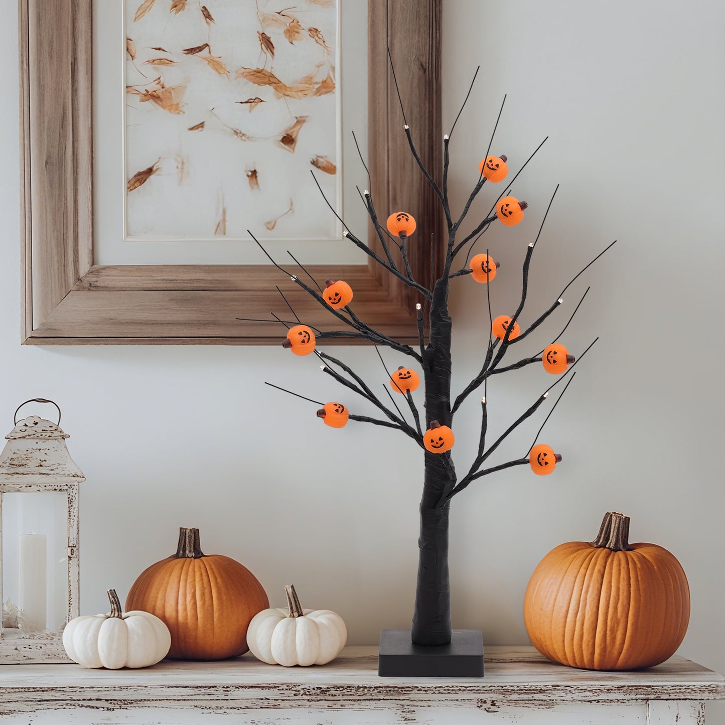2FT Light-Up Tree with 12 Glowing Pumpkin Ornaments - Black Tabletop Decor, Battery/USB Powered LED Display for Indoor Festive Parties