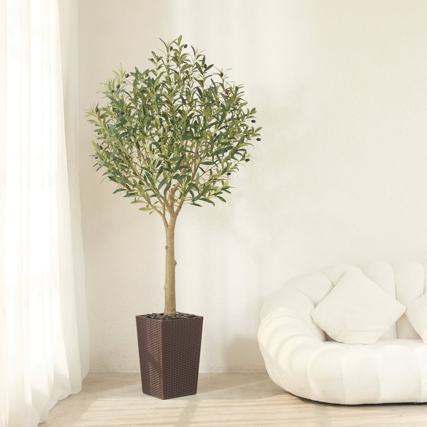 DR.Planzen UV Resistant 6ft Artificial Olive Tree in Brown Large Planter with Pebbles¨C Faux Olive Tree for Indoor and Outdoor Decor, Lifelike Greenery for Home & Garden Decor