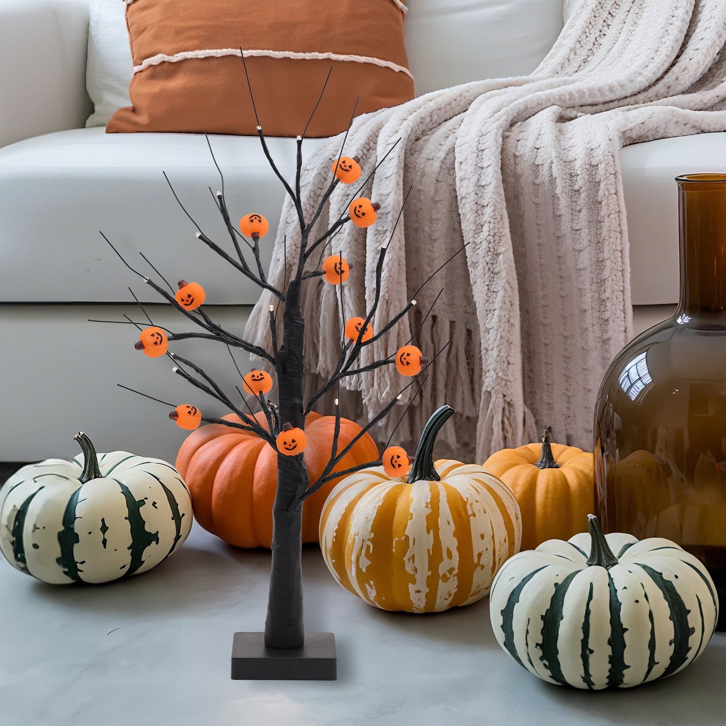 2FT Light-Up Tree with 12 Glowing Pumpkin Ornaments - Black Tabletop Decor, Battery/USB Powered LED Display for Indoor Festive Parties