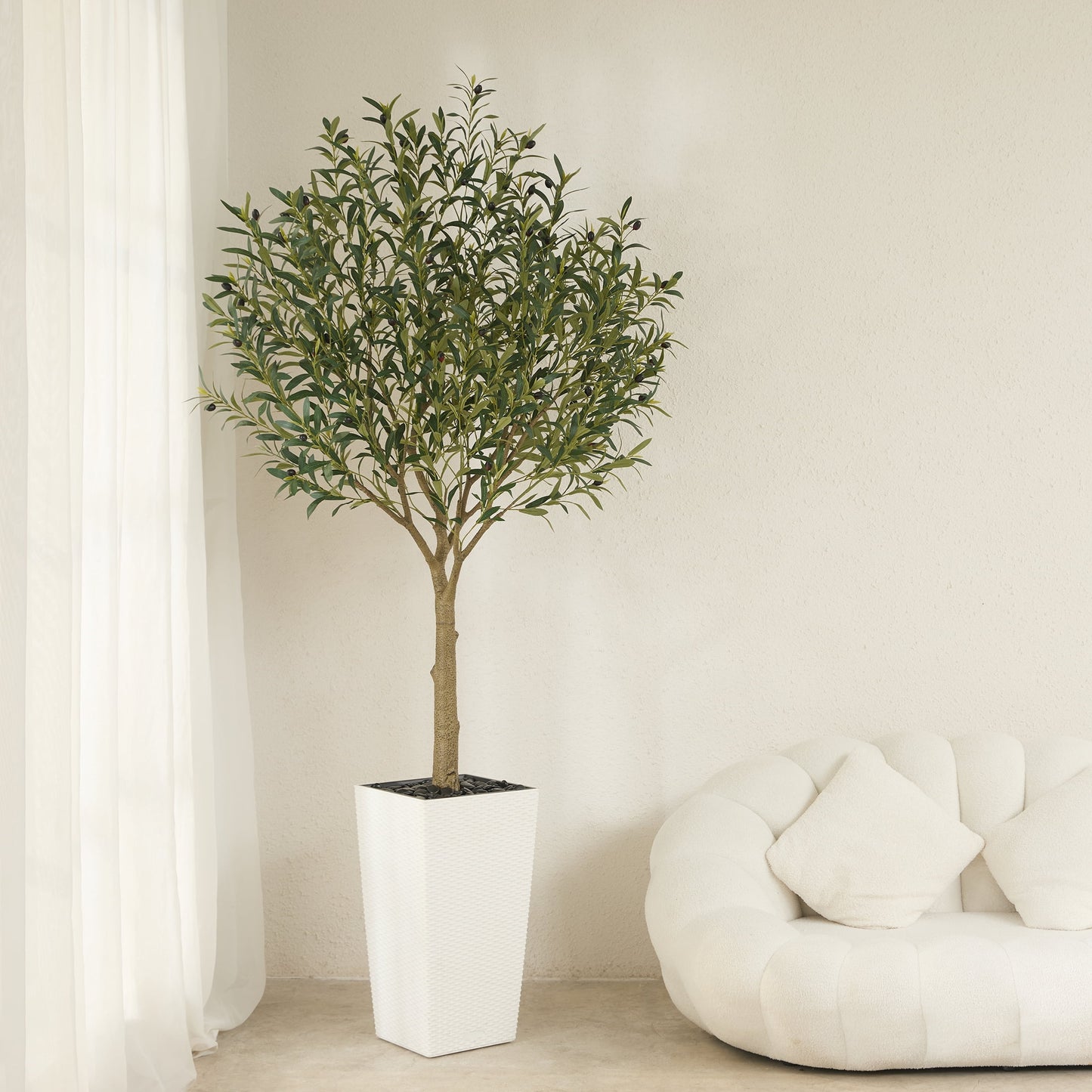 DR.Planzen UV Resistant 7ft Artificial Olive Tree in White Large Planter with Pebbles¨C Faux Olive Tree for Indoor and Outdoor Decor, Lifelike Greenery for Home & Garden Decor