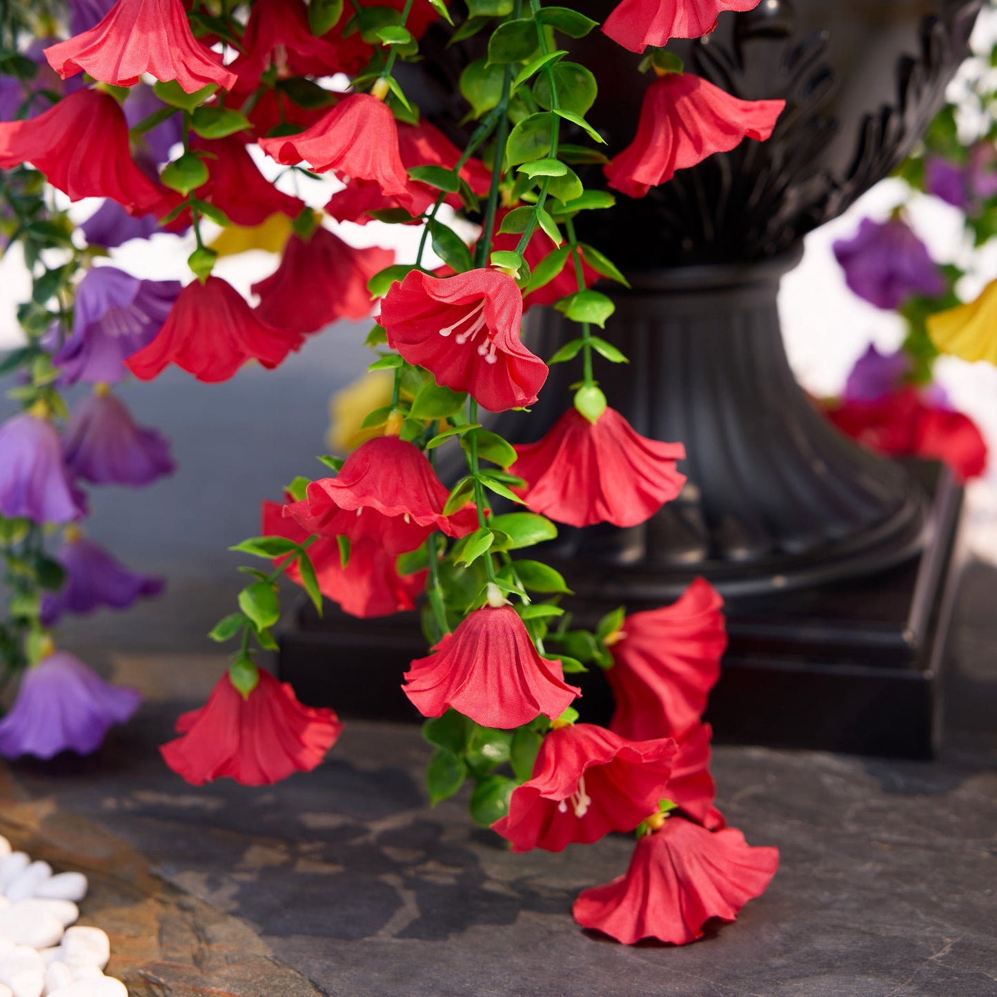 Artificial Hanging Flowers in Black Urn Planter, 2 Pack 26in Faux Morning Glory Flowers, Fake Hanging Plants, Artificial Flowers, Hanging Flowers with 333 Blooms - Front Porch Patio Decor