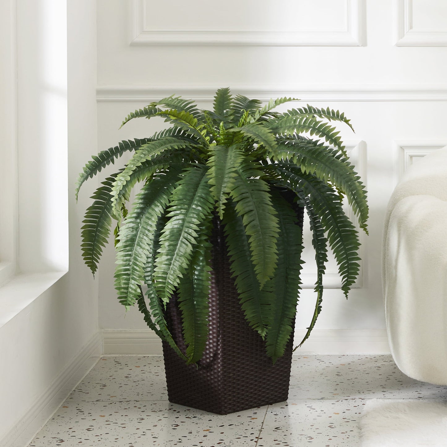 DR.Planzen 2 Pack Artificial Boston Fern Bush Plant with Brown Tapered Planter - UV Resistant Faux Ferns with 39 Leaves