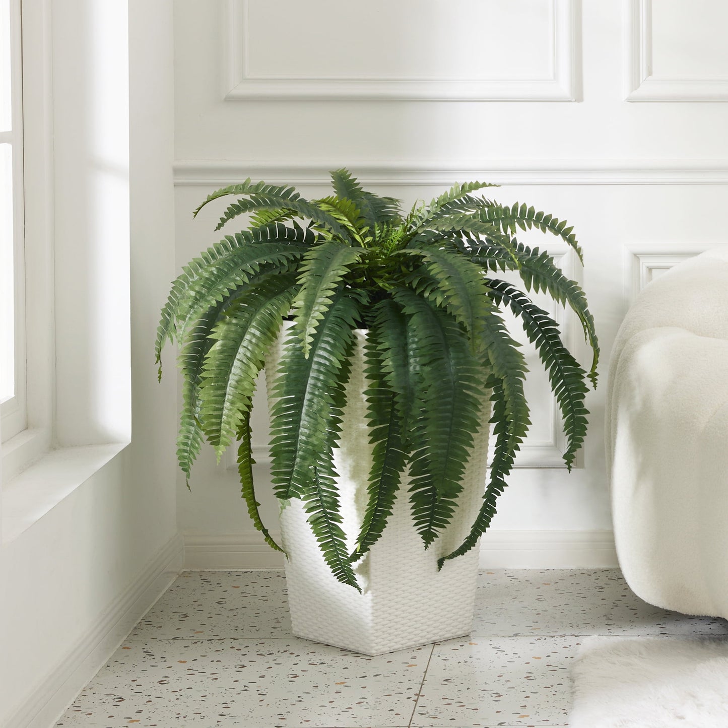DR.Planzen Artificial Boston Fern Bush Plant with White Tapered Planter - UV Resistant Faux Ferns with 39 Leaves