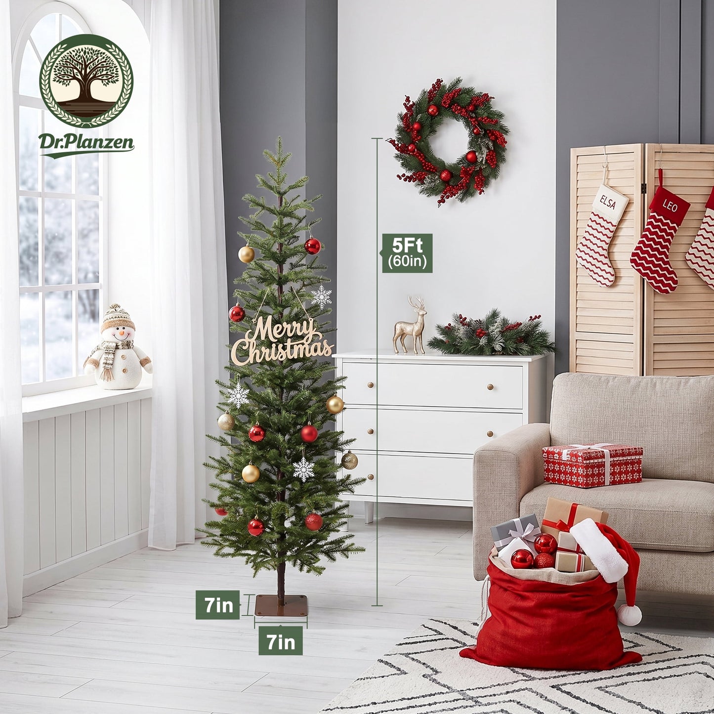 DR.Planzen 5ft Prelit Pencil Christmas Tree with 120 Warm White LED Lights, 1104 PE Branch Tips, Iron Base, Slim Artificial Christmas Tree for Apartment, Entryway, Corner, Office