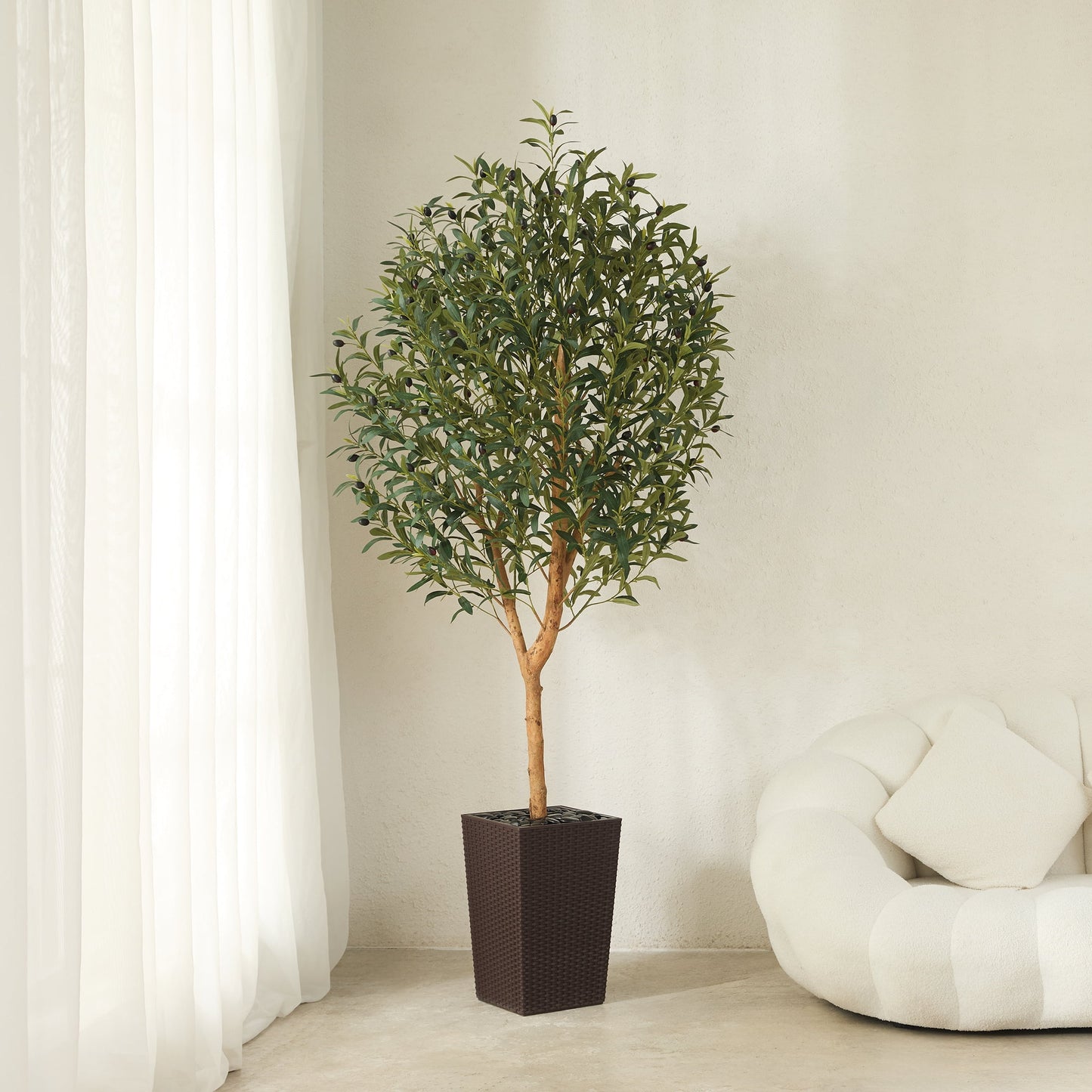 DR.Planzen UV Resistant 6ft Artificial Olive Tree with Natural Wood Branches and Realistic Silk Leaves,Faux Olive Tree for Indoor and Outdoor Decor - Brown Large Planter with Pebbles