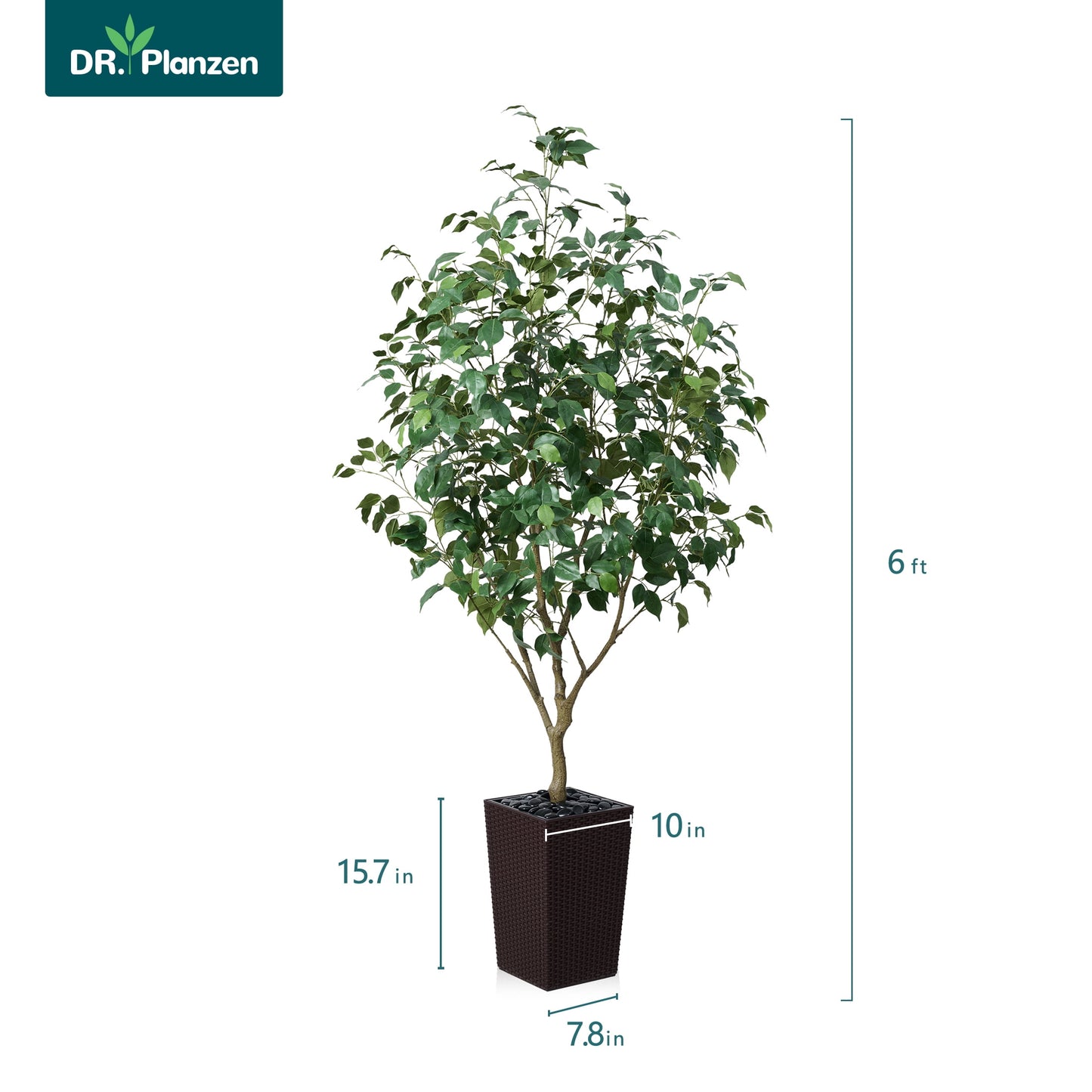 DR.Planzen Artificial Ficus Tree 6ft - UV Protected Faux Ficus Plant with Adjustable Branches and Realistic Green Leaves for Indoor & Outdoor Decor, Brown Large Planter with River Rocks