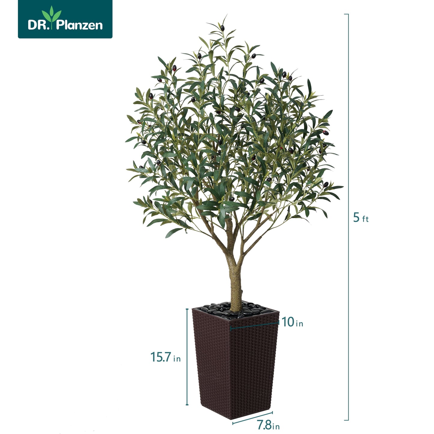 DR.Planzen UV Resistant 5ft Artificial Olive Tree in Brown Large Planter with Pebbles¨C Faux Olive Tree for Indoor and Outdoor Decor, Lifelike Greenery for Home & Garden Decor