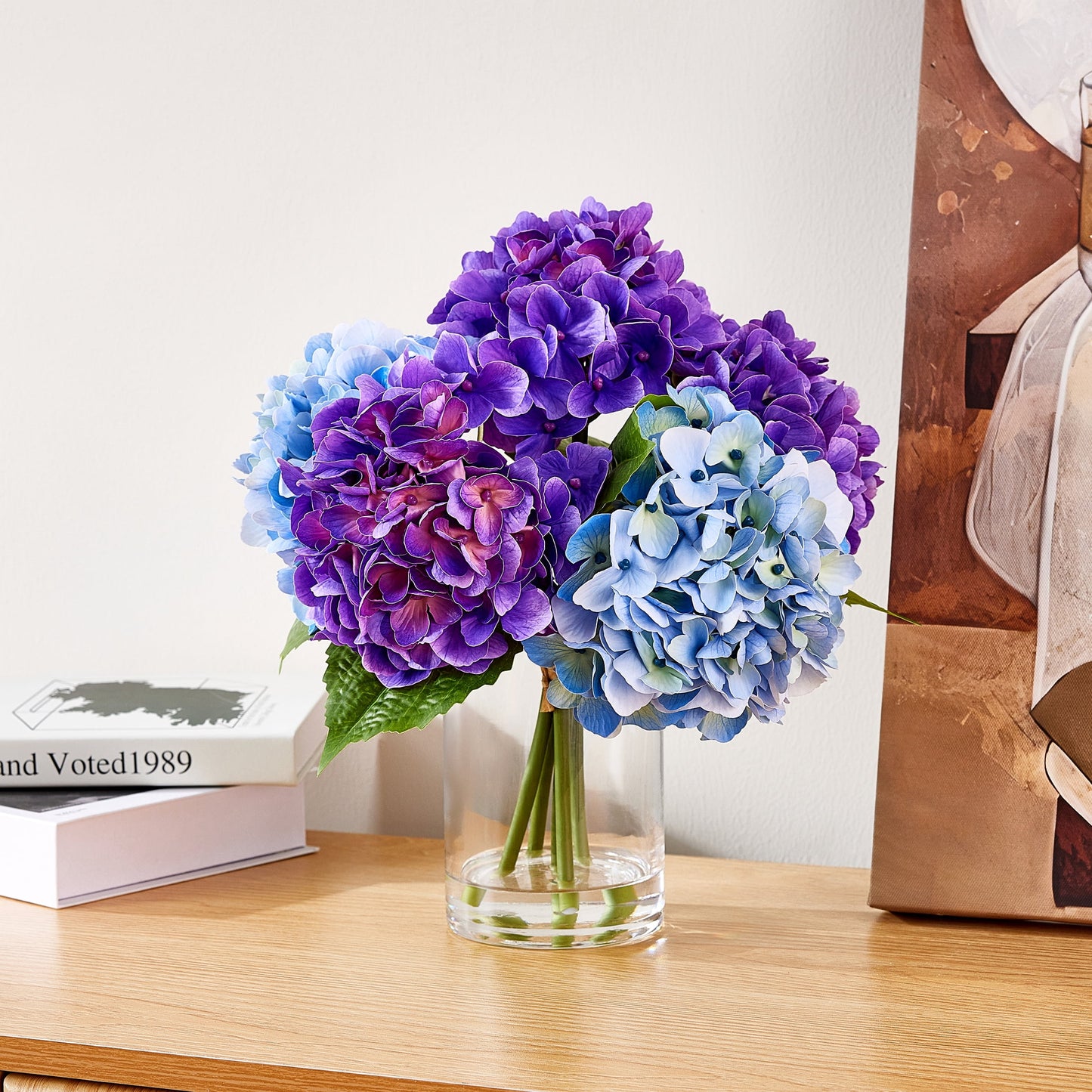 DR.Planzen 13in Artificial Hydrangea Flowers with Vase - Purple and Blue Faux Hydrangea Flowers, Clear Glass Vase with Faux Water, Table Centerpiece for Home Decor, Office, Wedding Party