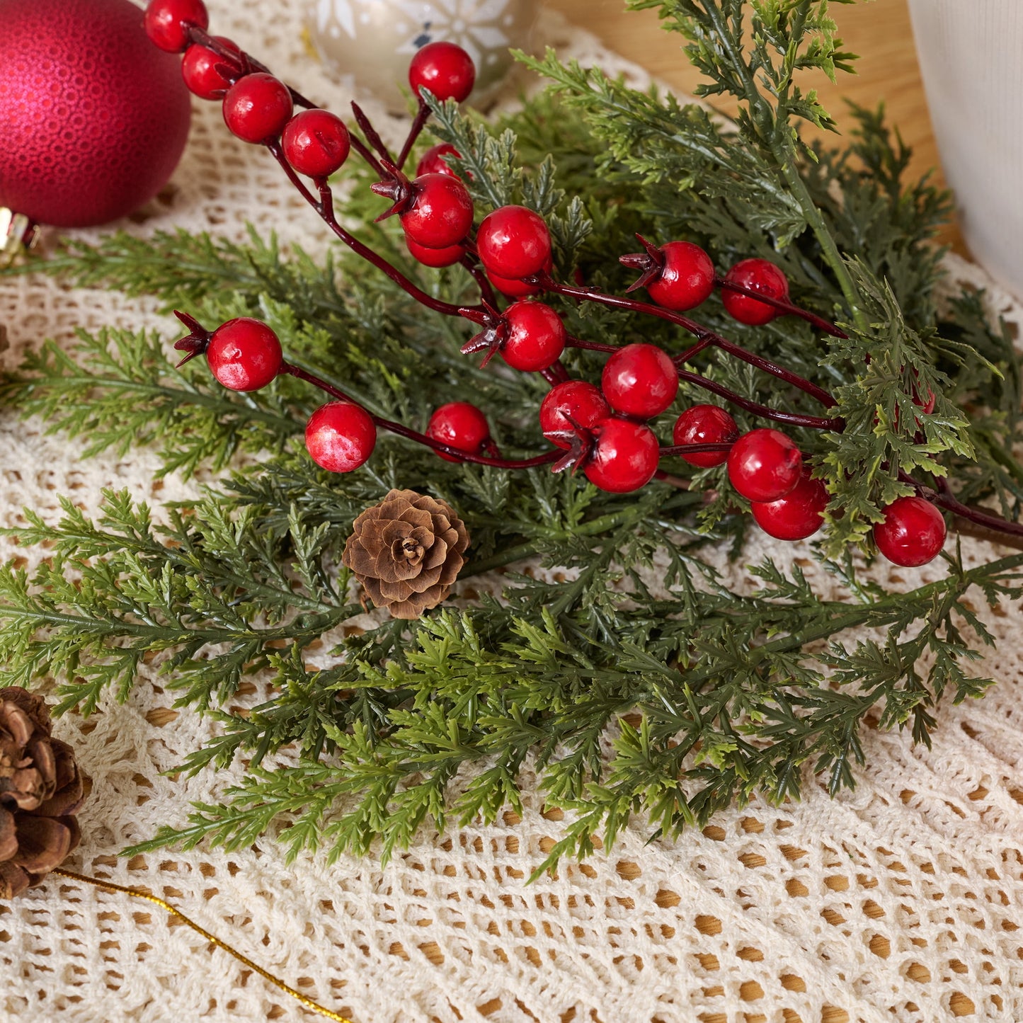 DR.Planzen 12-Pack 17" Pre-Lit Artificial Cypress Branches with Red Berries, Battery Operated Warm White LED Lights, DIY Christmas Tree Filler & Holiday Centerpiece