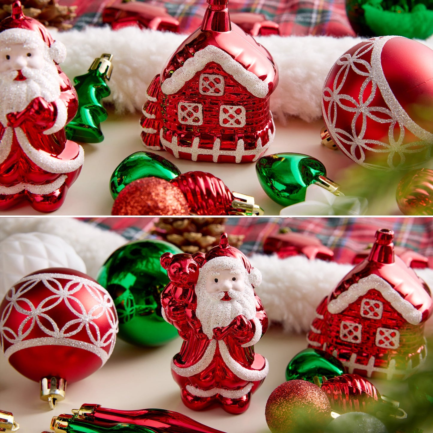 DR.Planzen 44ct Red Green & White Christmas Ornaments Set, Assorted 2.36" & 1.18" Embossed Glazed Holiday Balls with Snowflakes & Houses, Indoor Xmas Decor