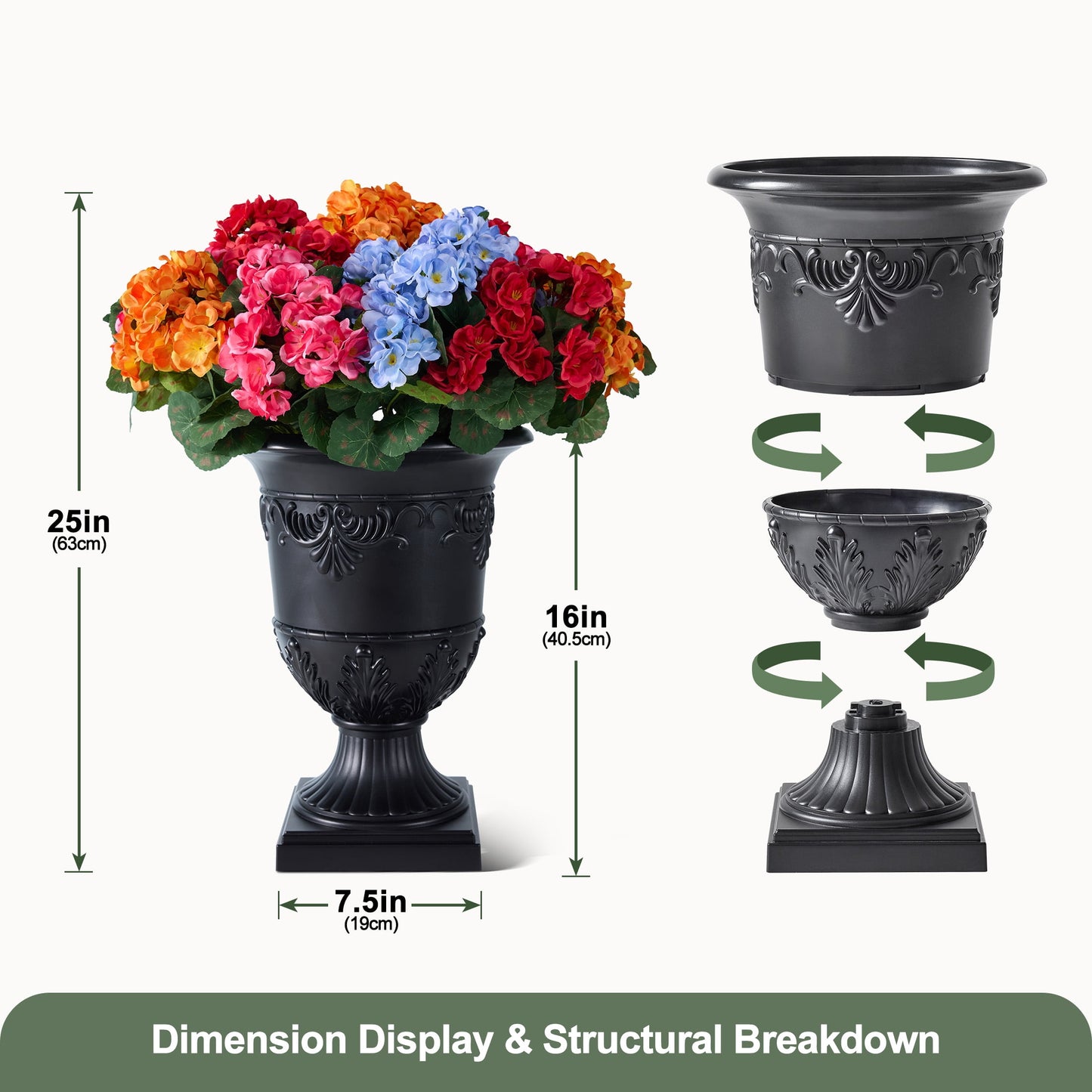 DR.Planzen Artificial Geranium in Charming Urn Planter Set, 24.8 Inch Tall Lifelike Faux Flowers, Pre-Potted with Tray for Indoor Home and Patio Decor, 1 Piece