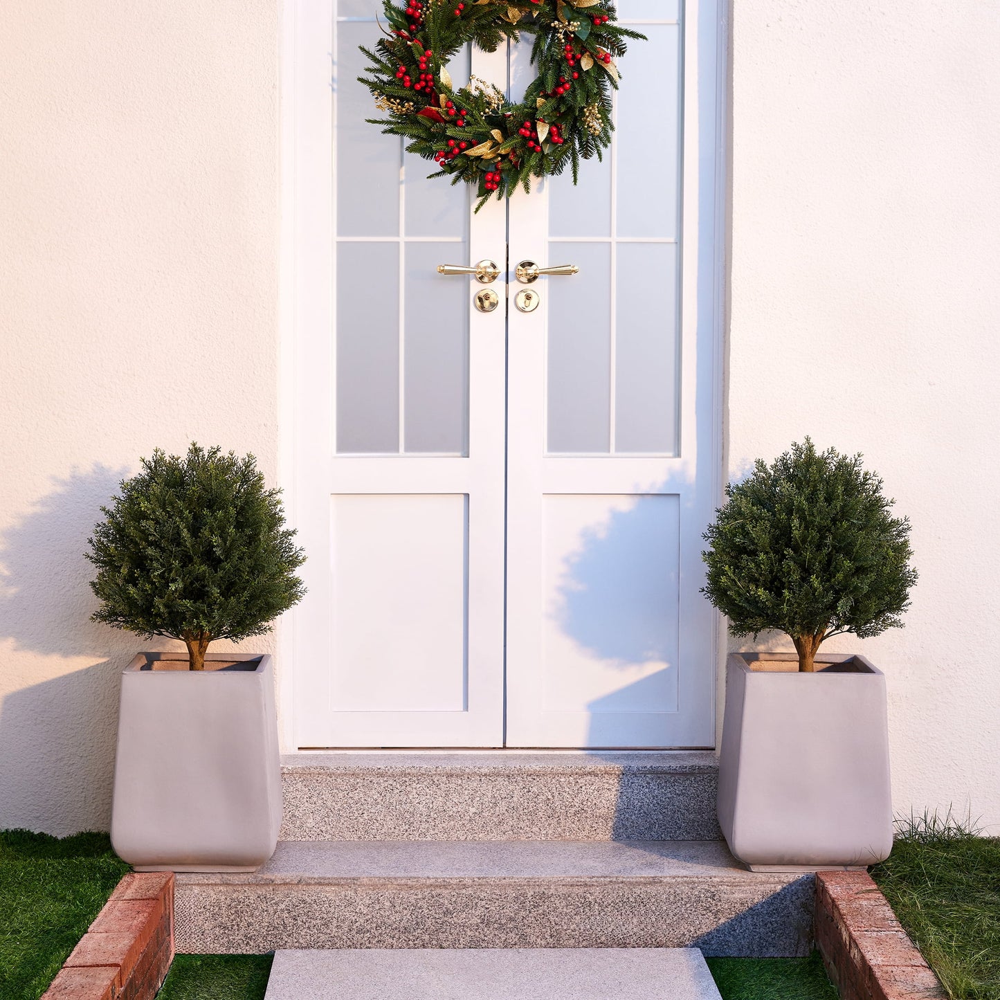 DR.Planzen Artificial 2 Pack 16 in Topiary Ball Trees, UV Resistant Faux Cedar Plants, Faux Cypress Evergreen Shrub Bush with 10.6in Twist-On Stake - For Front Porch Patio Garden Yard Outdoor Decor