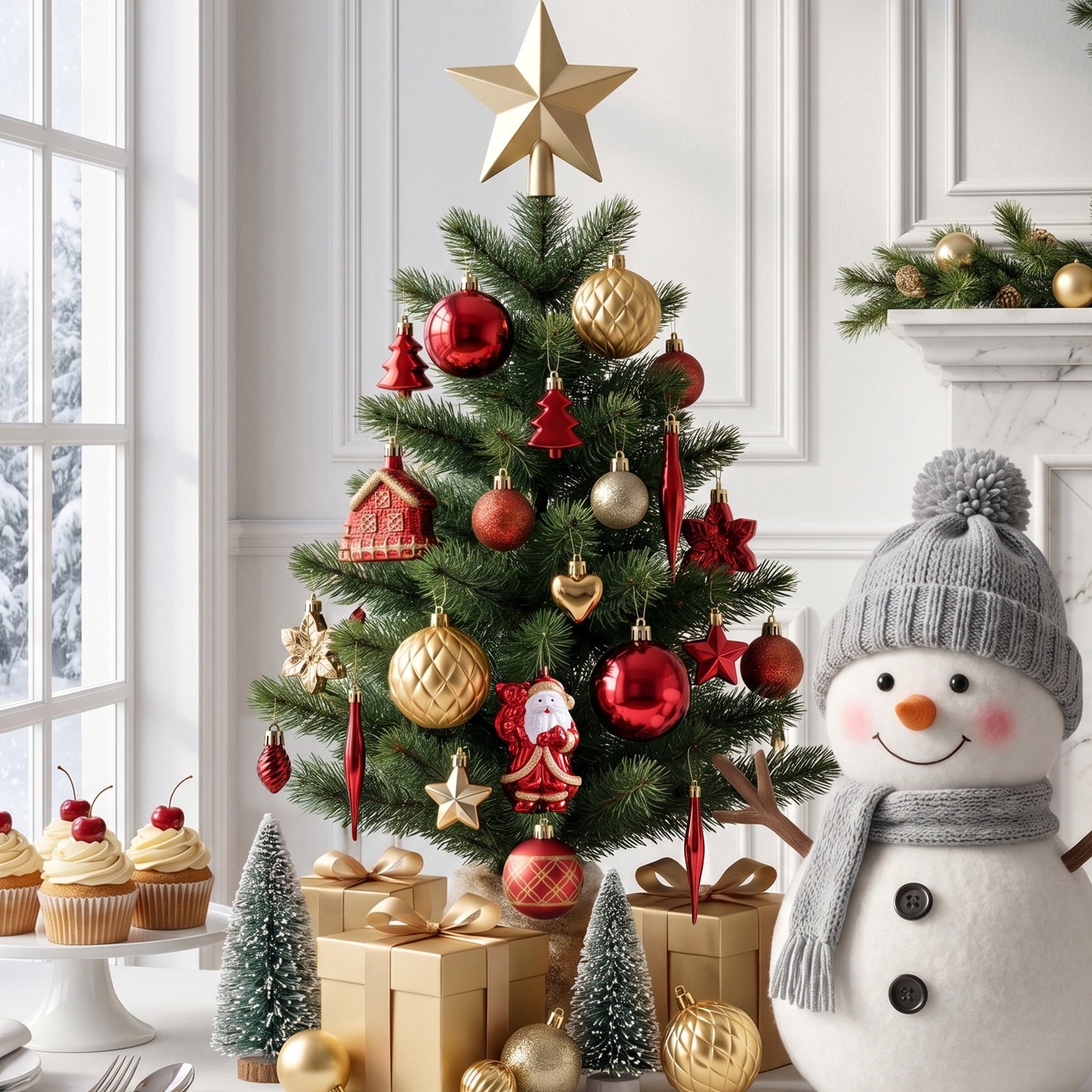 DR.Planzen 44ct Red Gold & White Christmas Ornaments Set, Assorted 2.36" & 1.18" Embossed Glazed Holiday Balls with Santa & Houses, Indoor Xmas Decor