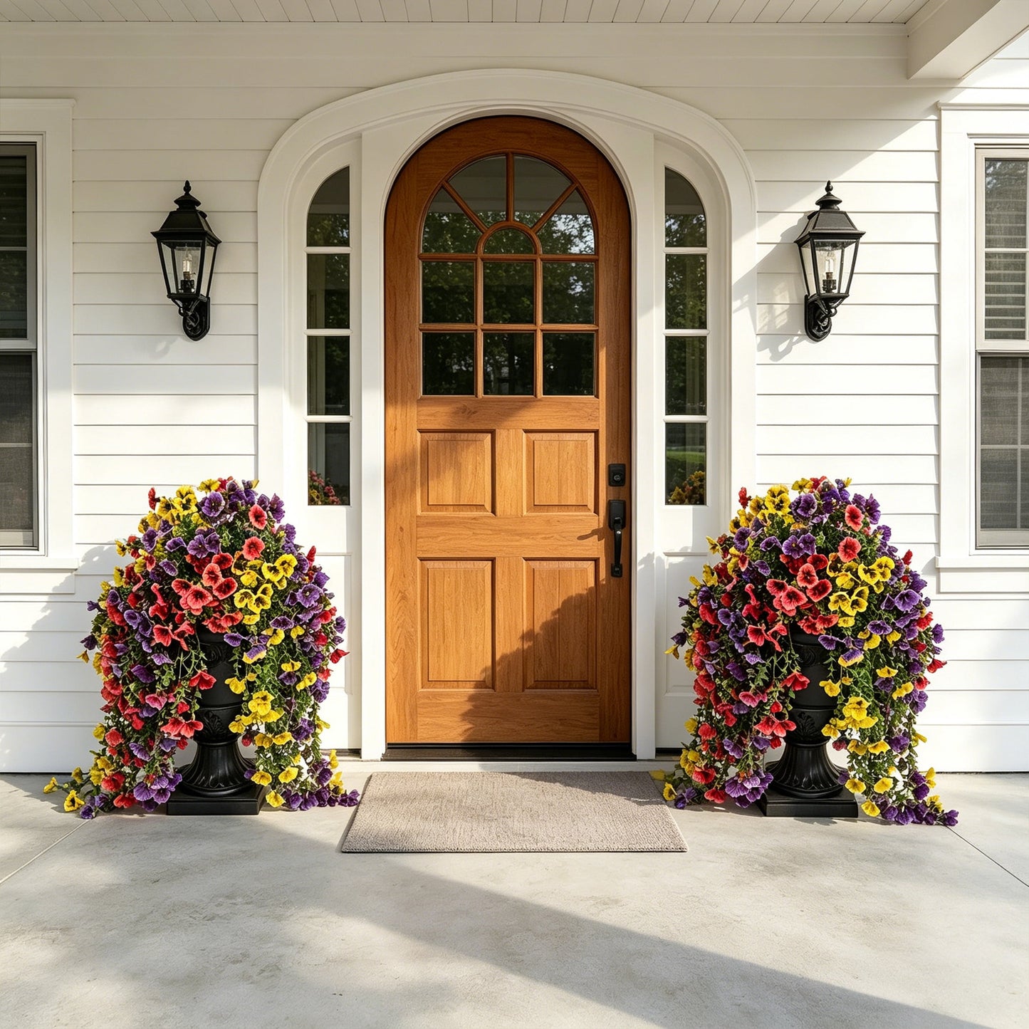 26in Artificial Pansy Flowers, Faux Hanging Flowers, Fake Outdoor Flowers, Pansy Arrangement - 660 Blooms in Black Urn Planter - Spring Decor for Covered Porch Patio Entryway