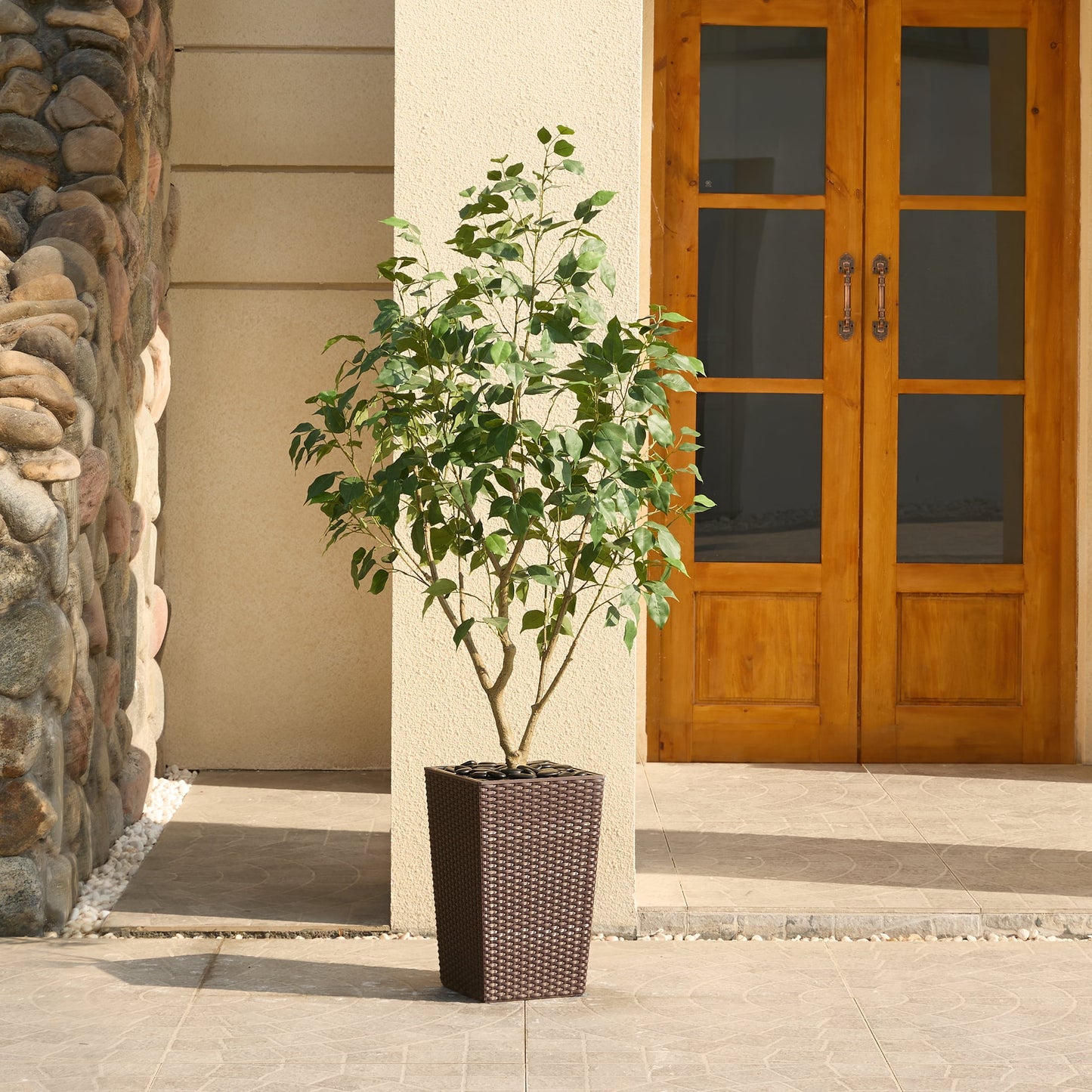 DR.Planzen Artificial Ficus Tree 5ft - UV Protected Faux Ficus Plant with Adjustable Branches and Realistic Green Leaves for Indoor & Outdoor Decor, Brown Large Planter with River Rocks