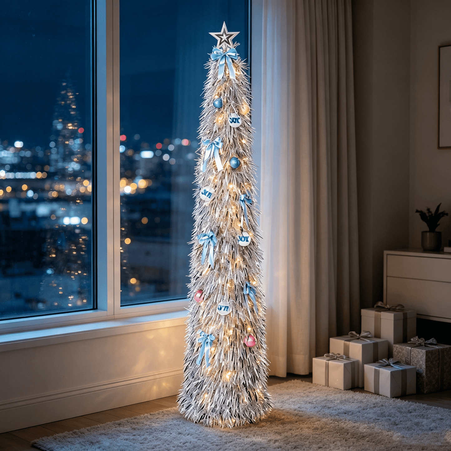 DR.Planzen 6ft Pop Up Christmas Tinsel Tree, Pre Lit Slim Christmas Tree, Silver LED Pencil Tree with 100 Warm White Lights, Star Topper & Ornaments Set, Collapsible Holiday Decor