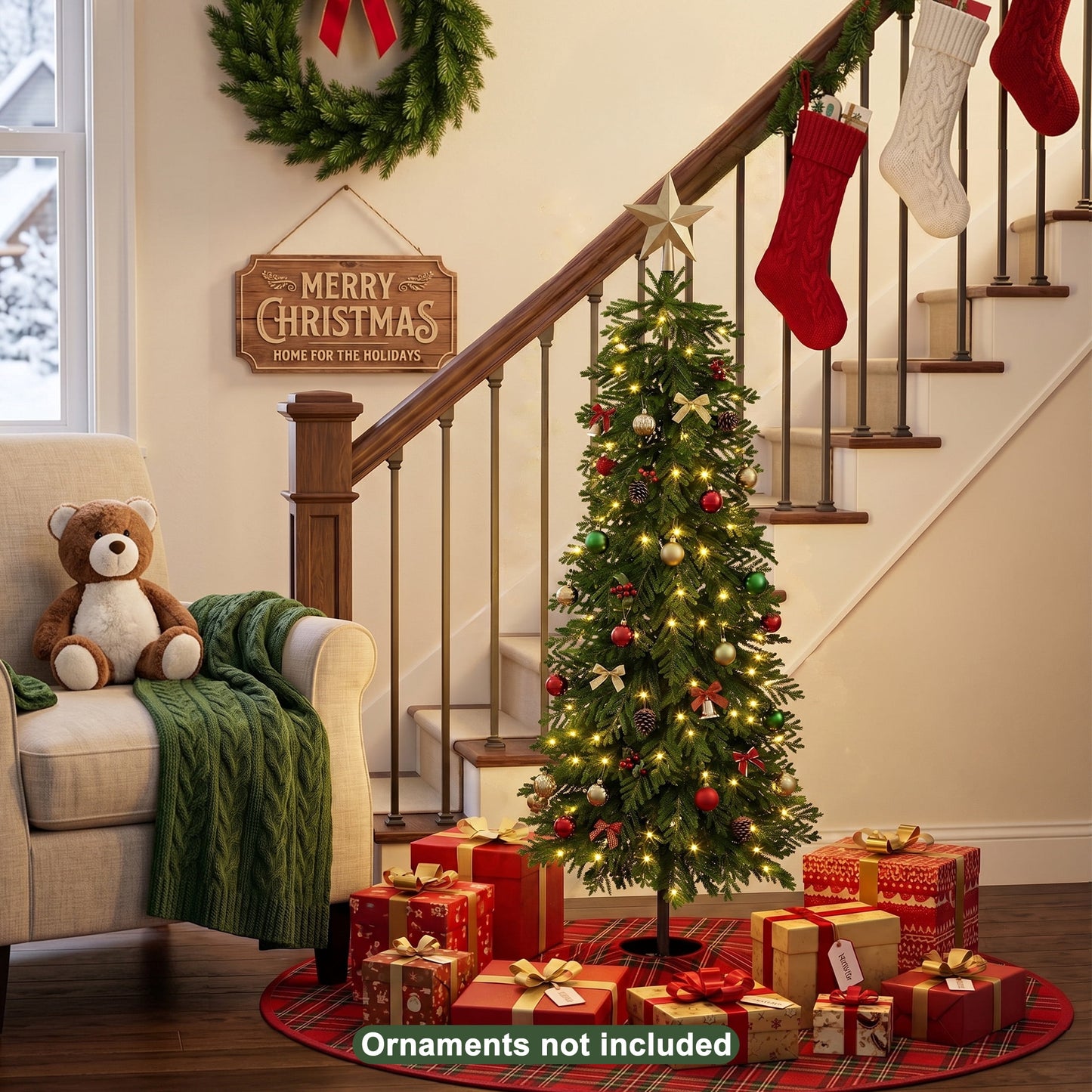DR.Planzen 5ft Pre-Lit Artificial Norfolk Pine Tree with Metal Stand, 120 Warm White LED Lights, 2-Piece Assembly Faux Tree in Coffee Pot for Indoor Home & Office Decor