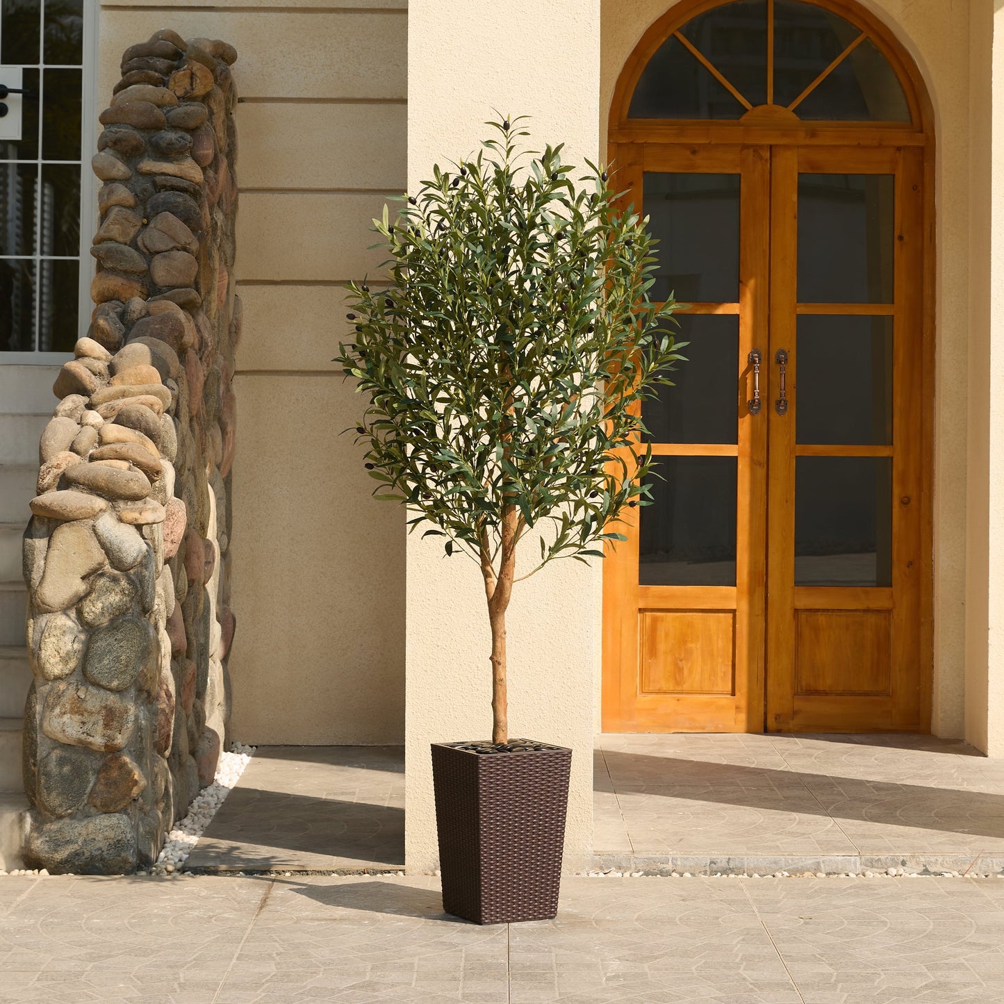 DR.Planzen UV Resistant 6ft Artificial Olive Tree with Natural Wood Branches and Realistic Silk Leaves,Faux Olive Tree for Indoor and Outdoor Decor - Brown Large Planter with Pebbles