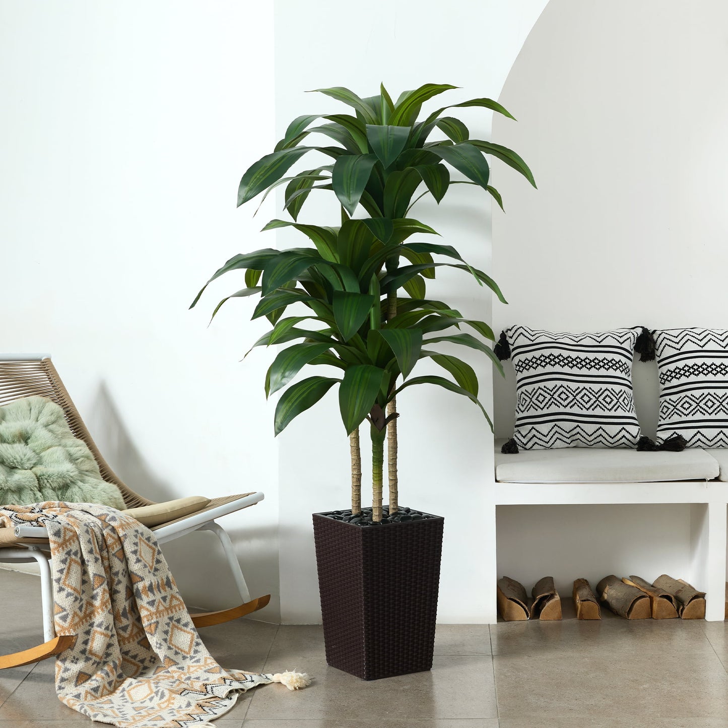 DR.Planzen Artificial Dracaena Tree 5ft - UV Protected Faux Dracaena Plant with 57 Green Leaves, Fake Tree for Indoor & Outdoor Use, Sturdy Tall Brown Planter with River Stones