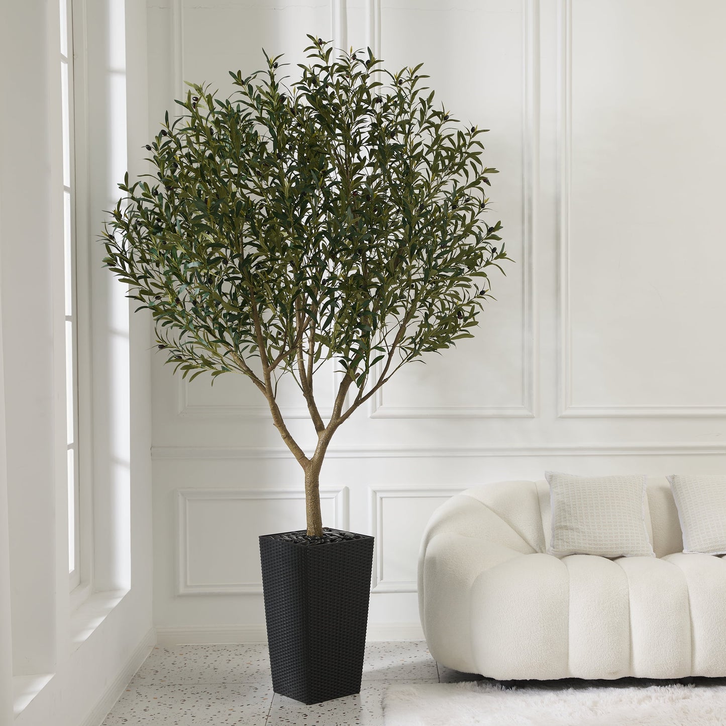 DR.Planzen UV Resistant 8ft Artificial Olive Tree in Black Large Planter with Pebbles¨C Faux Olive Tree for Indoor and Outdoor Decor, Lifelike Greenery for Home & Garden Decor