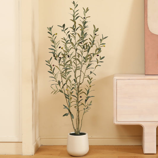 5ft Fake Plastic Olive Tree with Oval White Planter, Pre Potted Faux Greenry Plant for Home Decor Office House Living Room Indoor Outdoor, Big Fake Plants Fake House Plants