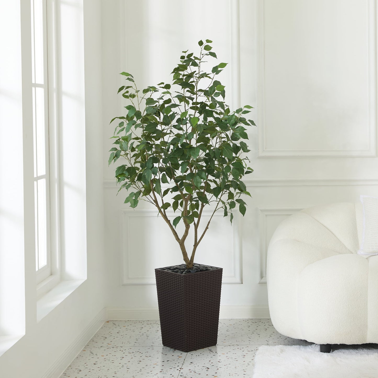 DR.Planzen Artificial Ficus Tree 5ft - UV Protected Faux Ficus Plant with Adjustable Branches and Realistic Green Leaves for Indoor & Outdoor Decor, Brown Large Planter with River Rocks