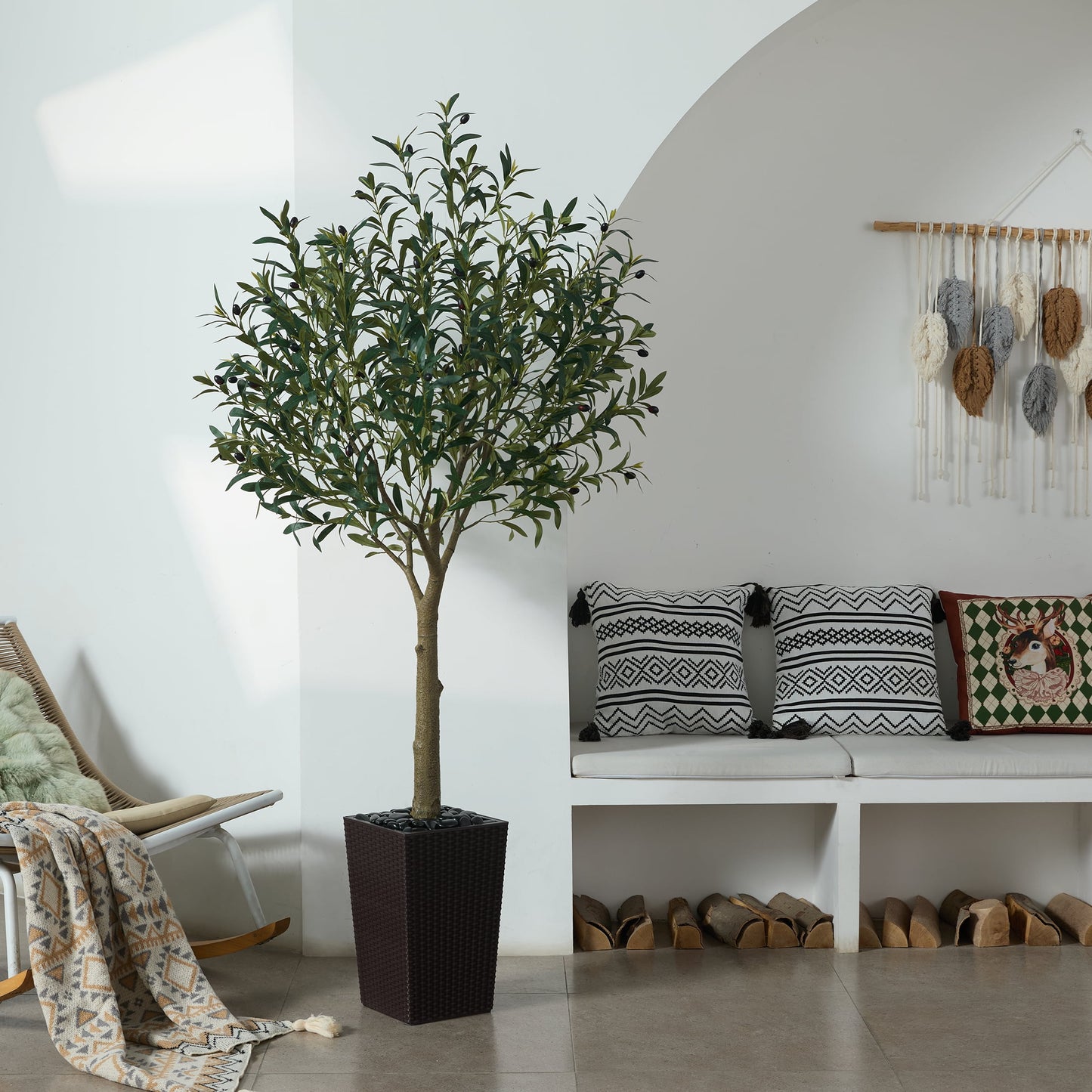 DR.Planzen UV Resistant 6ft Artificial Olive Tree in Brown Large Planter with Pebbles¨C Faux Olive Tree for Indoor and Outdoor Decor, Lifelike Greenery for Home & Garden Decor