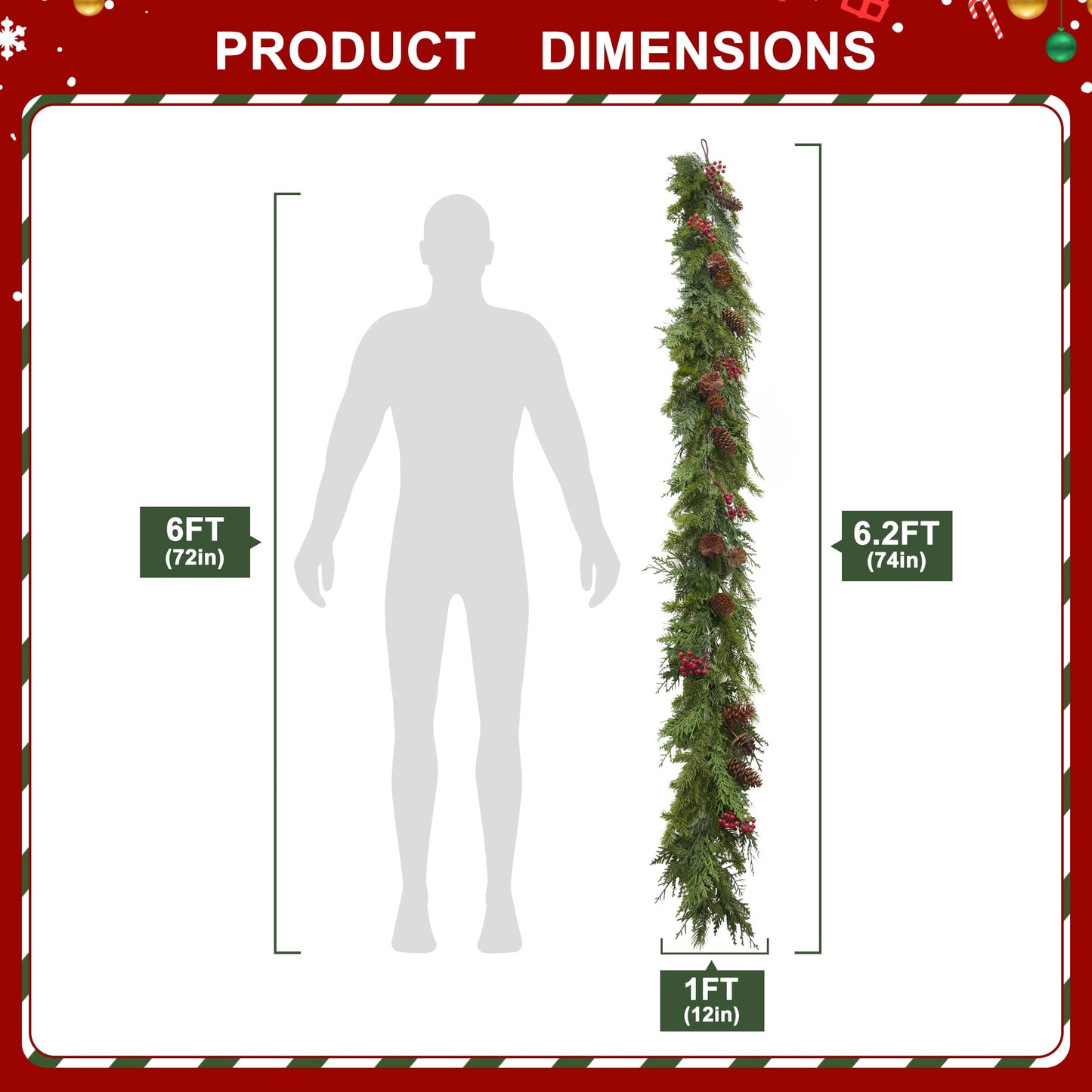 DR.Planzen 6ft Artificial Pine & Berry Foliage Spray with Red Cones, Long Flexible Greenery Garland for DIY Christmas Tree Filler, Wreaths & Vase Filler