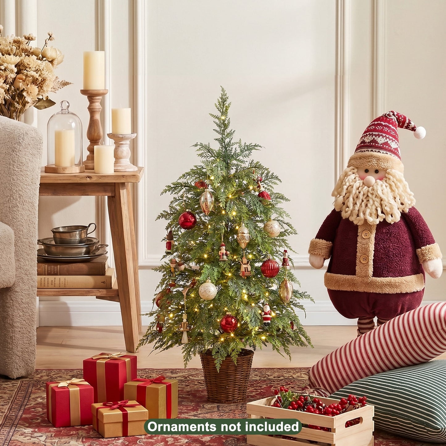 DR.Planzen 36" Pre-Lit Green Cypress Artificial Christmas Tree with 70 Warm White Twinkle LED Lights, Mini Tabletop Xmas Tree in Woven Basket Base, Indoor Desktop Holiday Decor