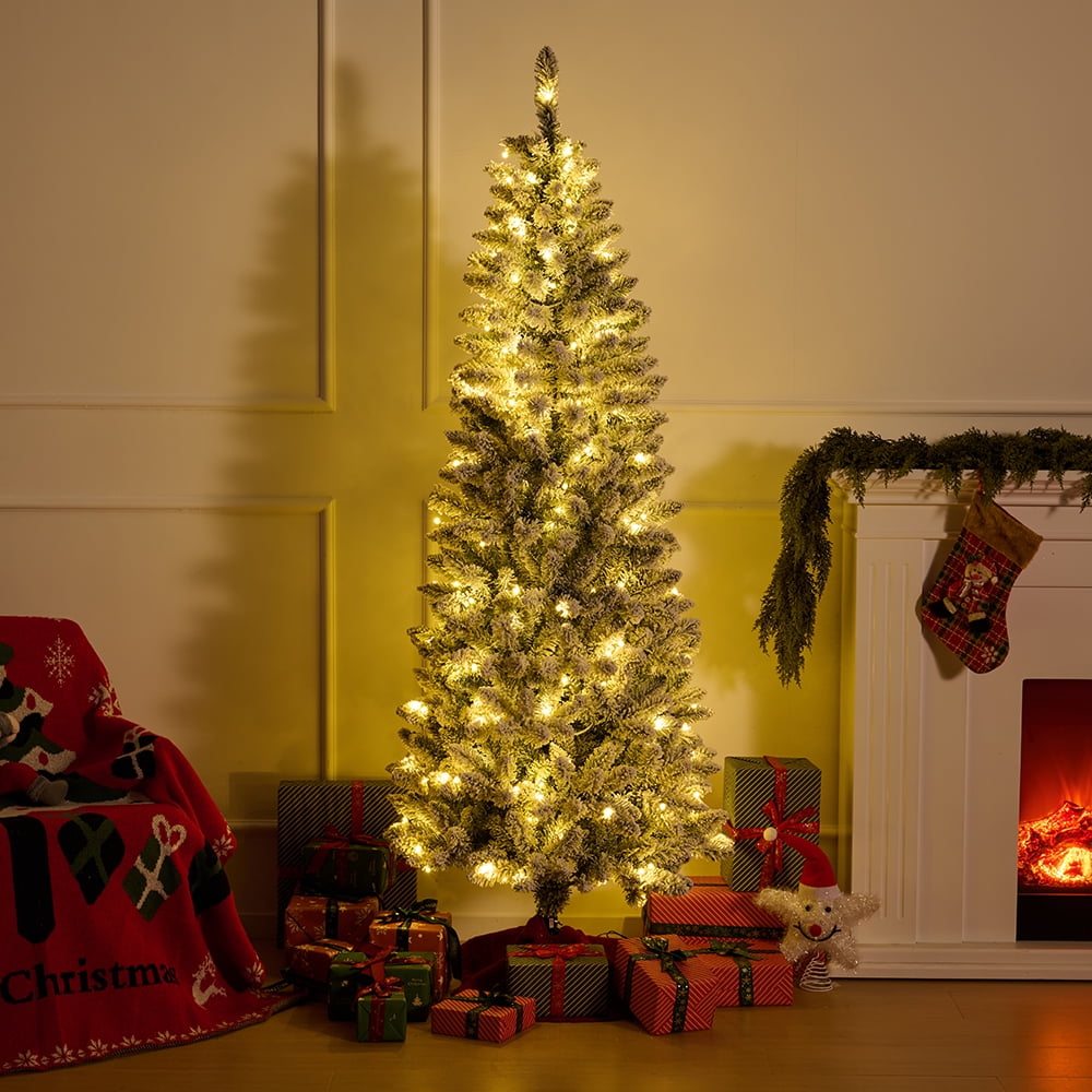 DR.Planzen 5ft Prelit Snow Flocked Slim Christmas Tree - Pencil Artificial Tree with 180 Dual Color LED Lights, 9 Modes and 450 Adjustable Branches for Apartments, Living Rooms